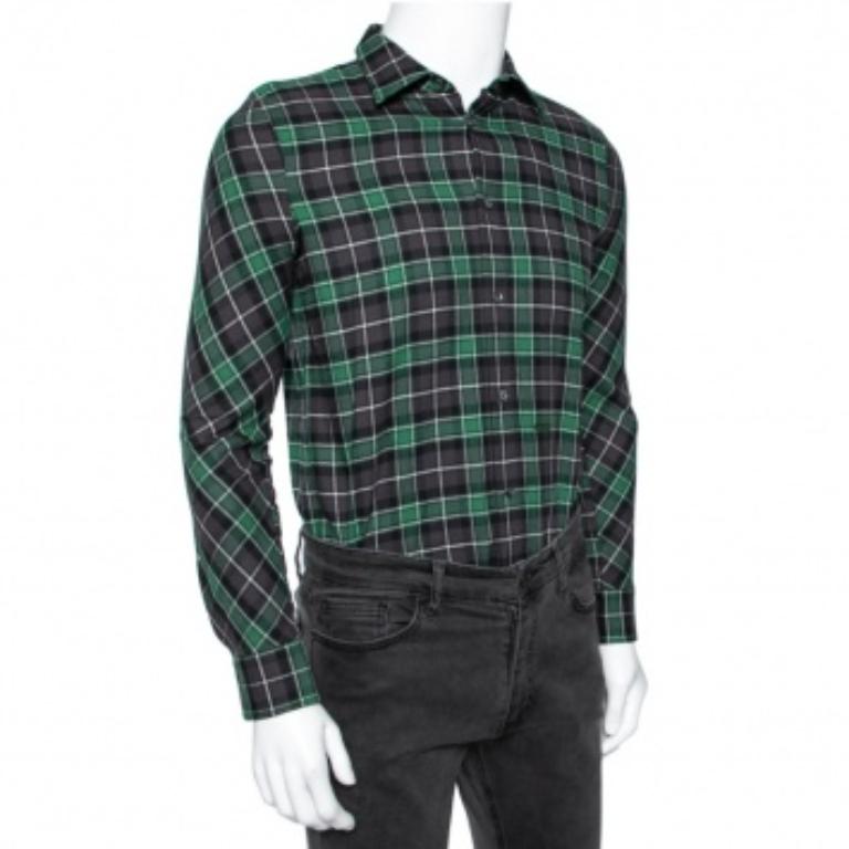 Men's Dsquared2 Green & Grey Cotton Checked Flannel Shirt XS For Sale