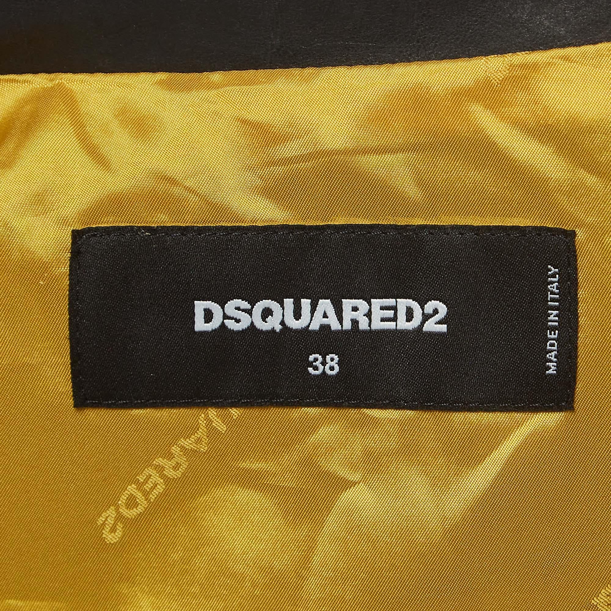 Dsquared2 Green Leather Trim Brocade and Denim Biker Jacket S For Sale 1