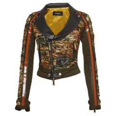 Dsquared2 Green Leather Trim Brocade and Denim Biker Jacket S