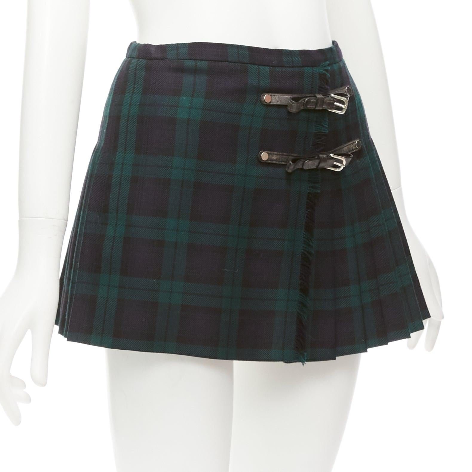 DSQUARED2 green Scotland plaid black leather bow buckle mini skirt XS In Excellent Condition For Sale In Hong Kong, NT