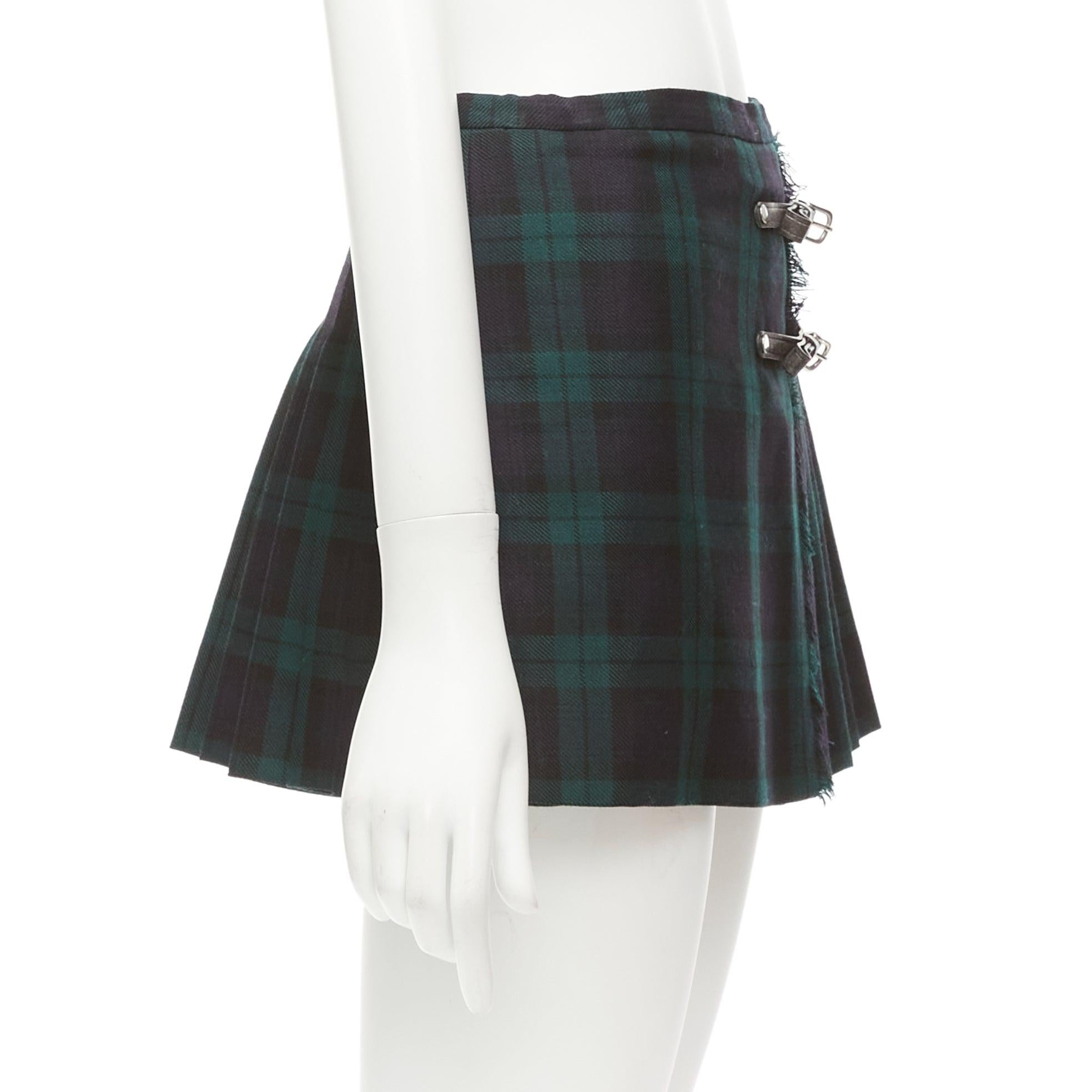 Women's DSQUARED2 green Scotland plaid black leather bow buckle mini skirt XS For Sale
