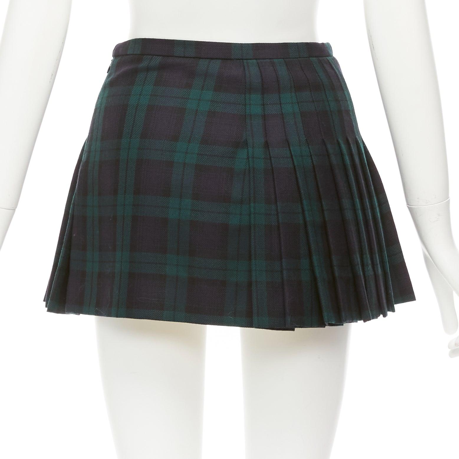 Women's DSQUARED2 green Scotland plaid black leather bow buckle mini skirt XS