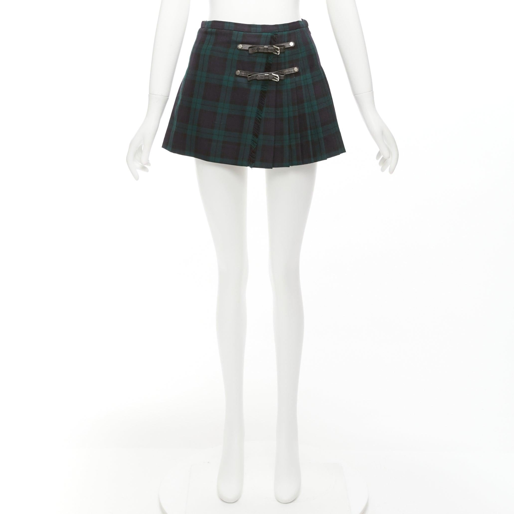 DSQUARED2 green Scotland plaid black leather bow buckle mini skirt XS For Sale 5