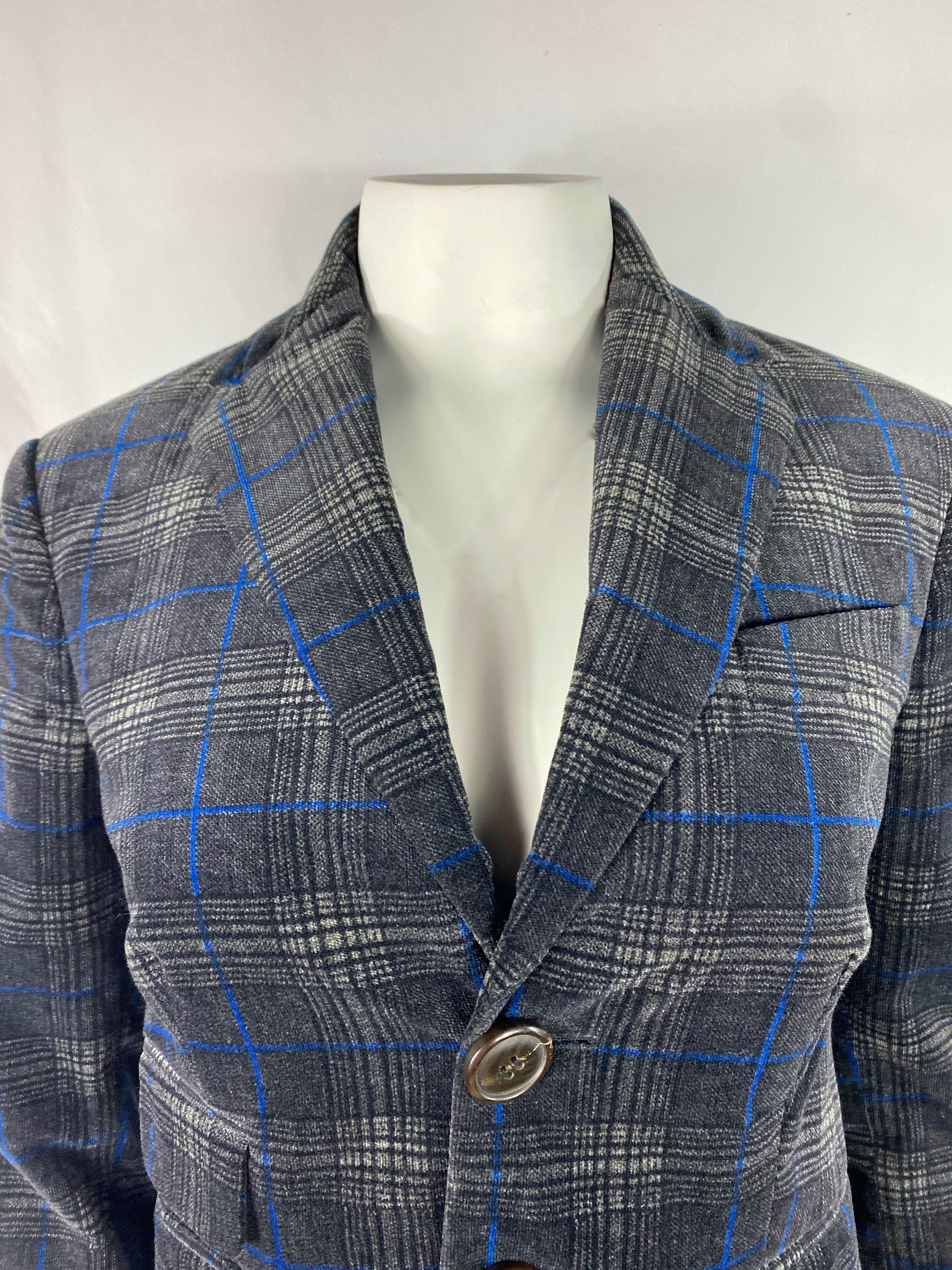 Dsquared2 Grey and Blue Velvet Check Plaid Blazer Jacket, Size 42 For Sale 2