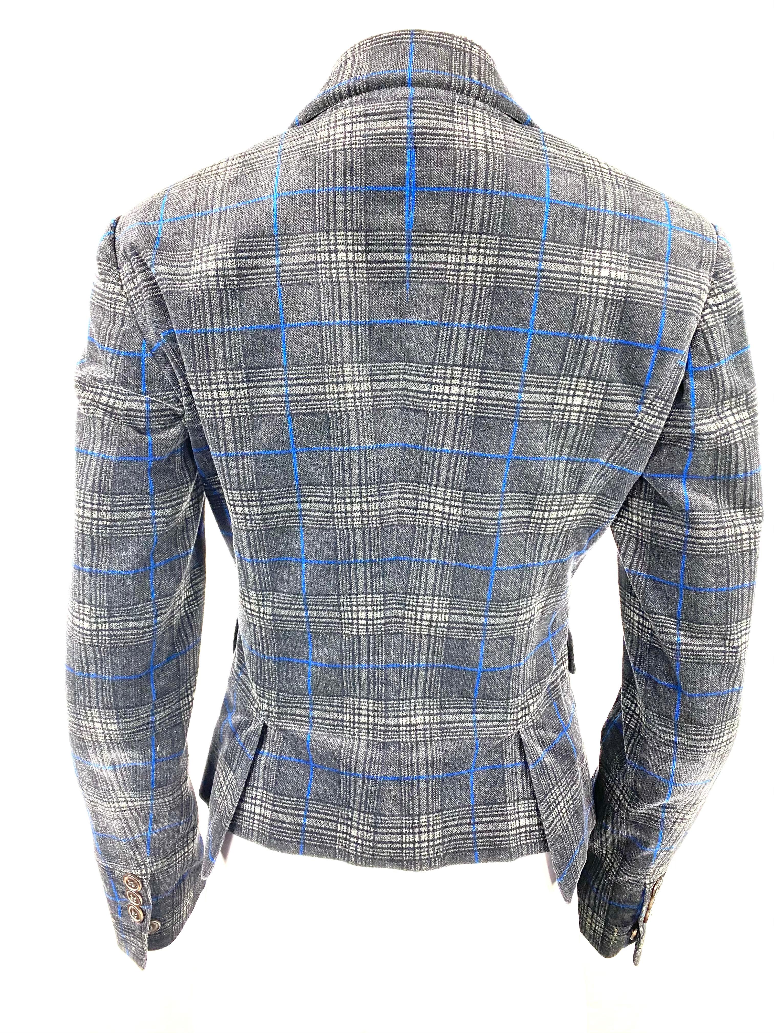Gray Dsquared2 Grey and Blue Velvet Check Plaid Blazer Jacket, Size 42 For Sale