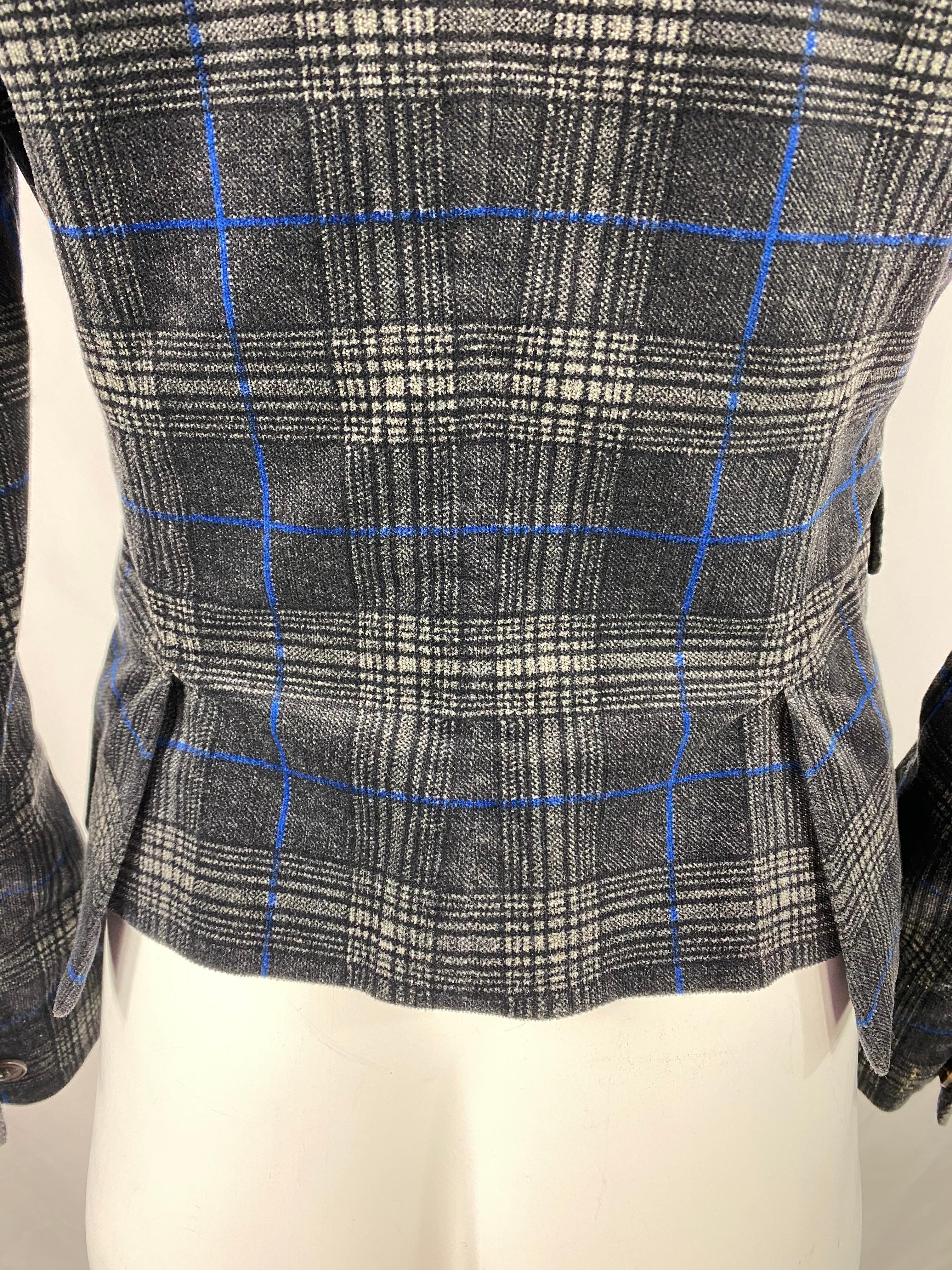 Dsquared2 Grey and Blue Velvet Check Plaid Blazer Jacket, Size 42 In Excellent Condition For Sale In Beverly Hills, CA