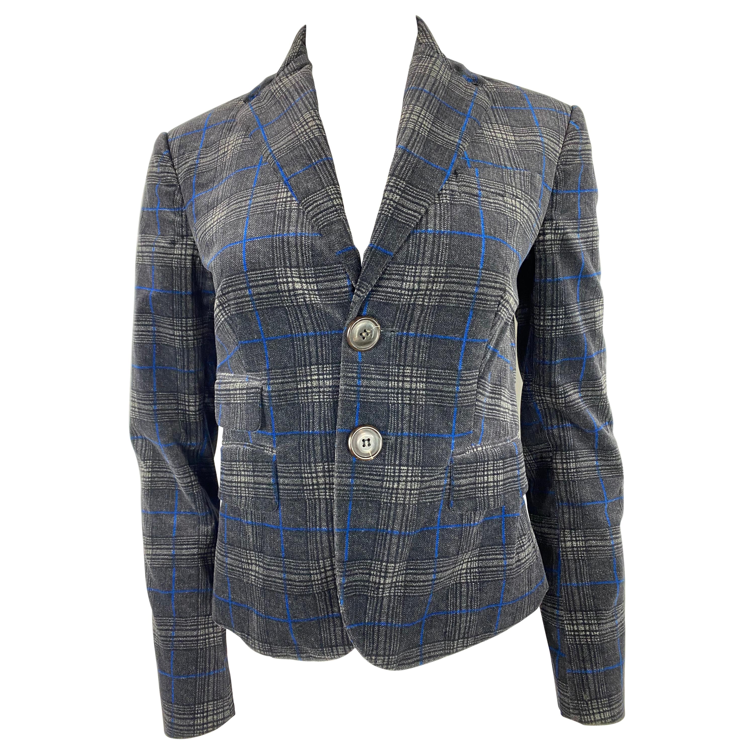 Dsquared2 Grey and Blue Velvet Check Plaid Blazer Jacket, Size 42 For Sale