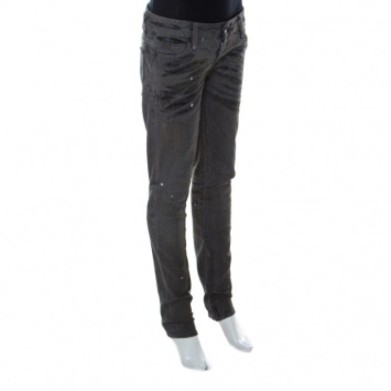 Noir Dsquared2 Grey Crystal Embellished Splatter Effect Denim Super Skinny Jeans M en vente