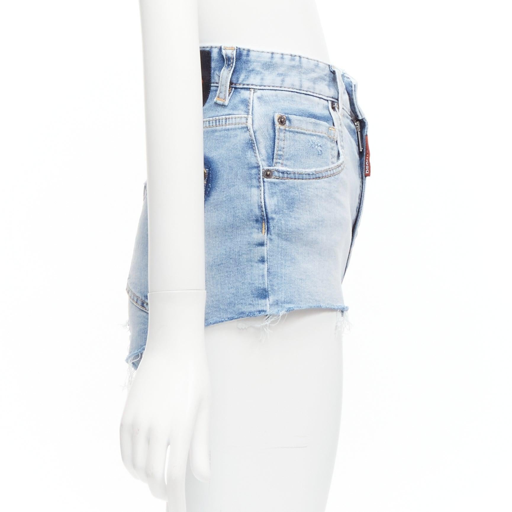 Women's DSQUARED2 HONEY blue heart washed denim leopard lined hot pants IT36 XXS For Sale