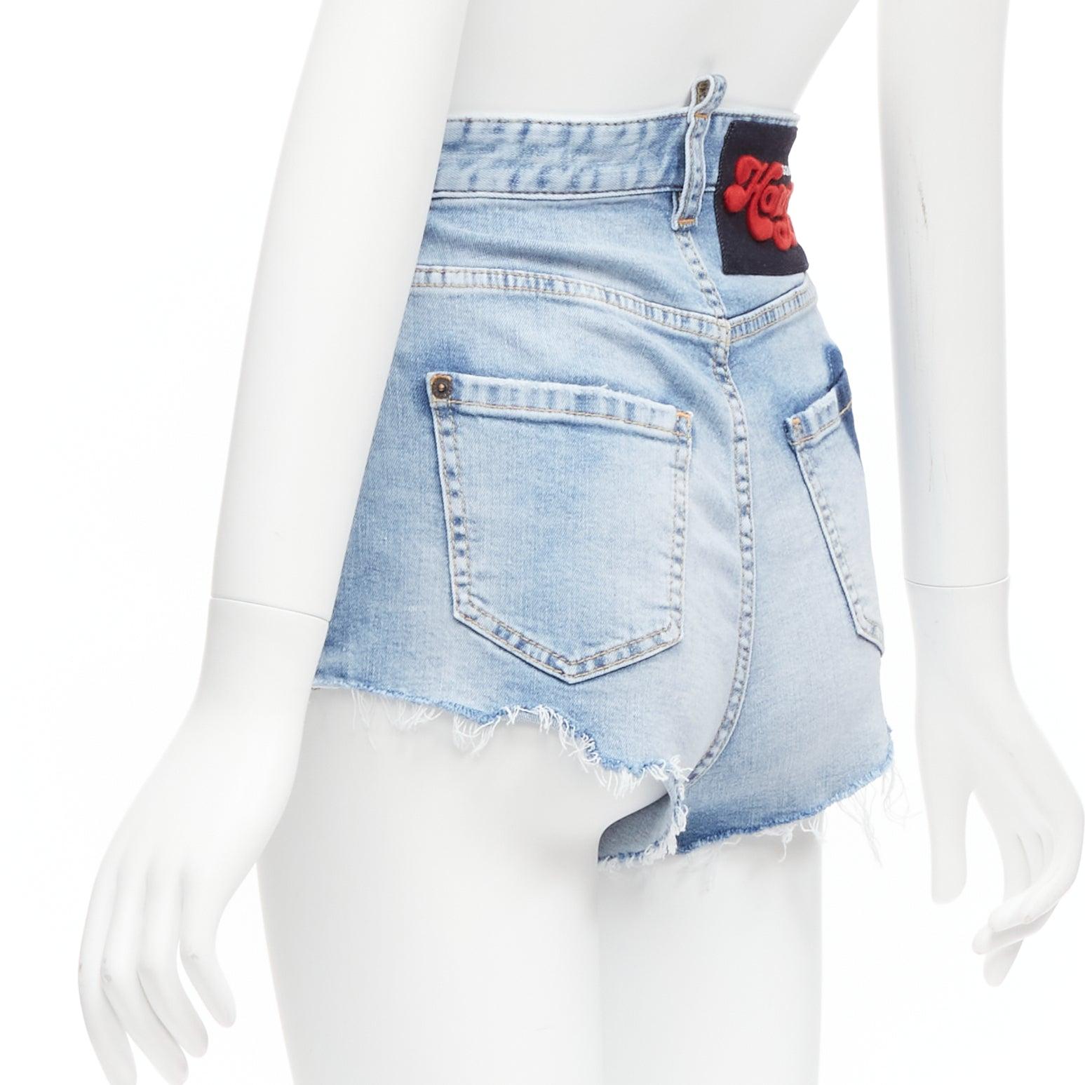 DSQUARED2 HONEY blue heart washed denim leopard lined hot pants IT36 XXS For Sale 1