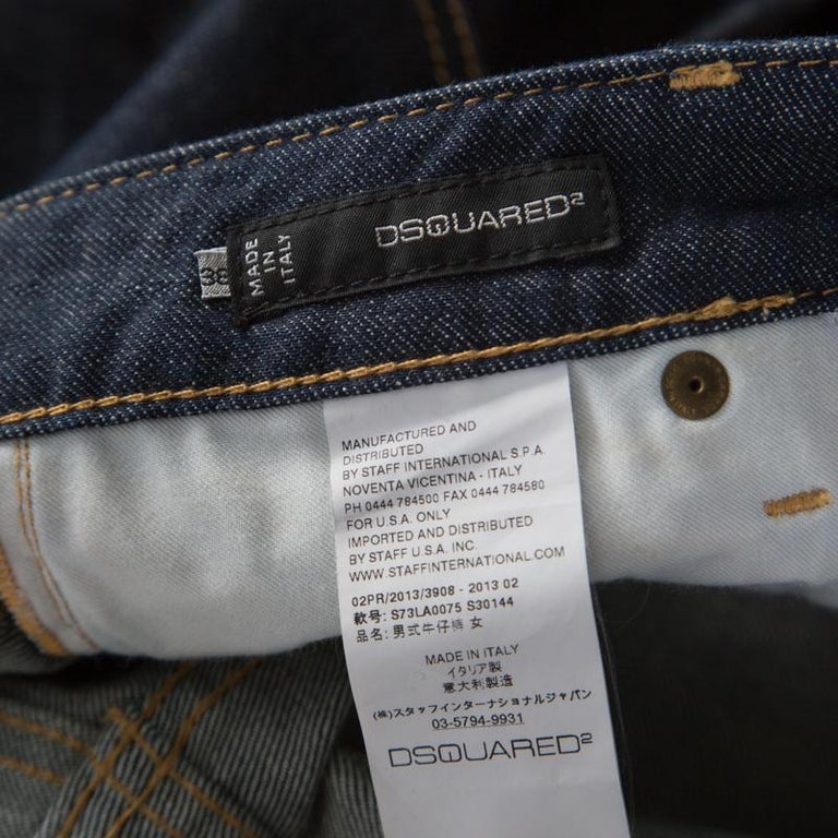 Dsquared2 Indigo Dark Wash Denim Crystal Embellished Badge Detail Tapered  JeansS For Sale at 1stDibs