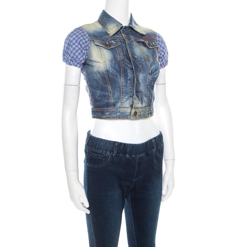 Gray DSquared2 Indigo Distressed Faded Effect Contrast Sleeve Cropped Denim Vest S