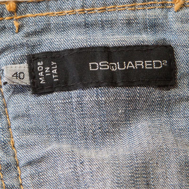 Women's DSquared2 Indigo Distressed Faded Effect Contrast Sleeve Cropped Denim Vest S