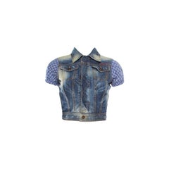 DSquared2 Indigo Distressed Faded Effect Contrast Sleeve Cropped Denim Vest S