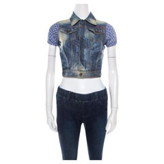 DSquared2 Indigo Distressed Faded Effect Contrast Sleeve Cropped Denim Vest S