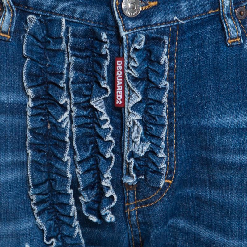 Dsquared2 Indigo Distressed Faded Effect Denim Ruffled Tapered Jeans L In Good Condition In Dubai, Al Qouz 2