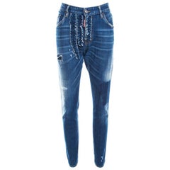 Dsquared2 Indigo Distressed Faded Effect Denim Ruffled Tapered Jeans L