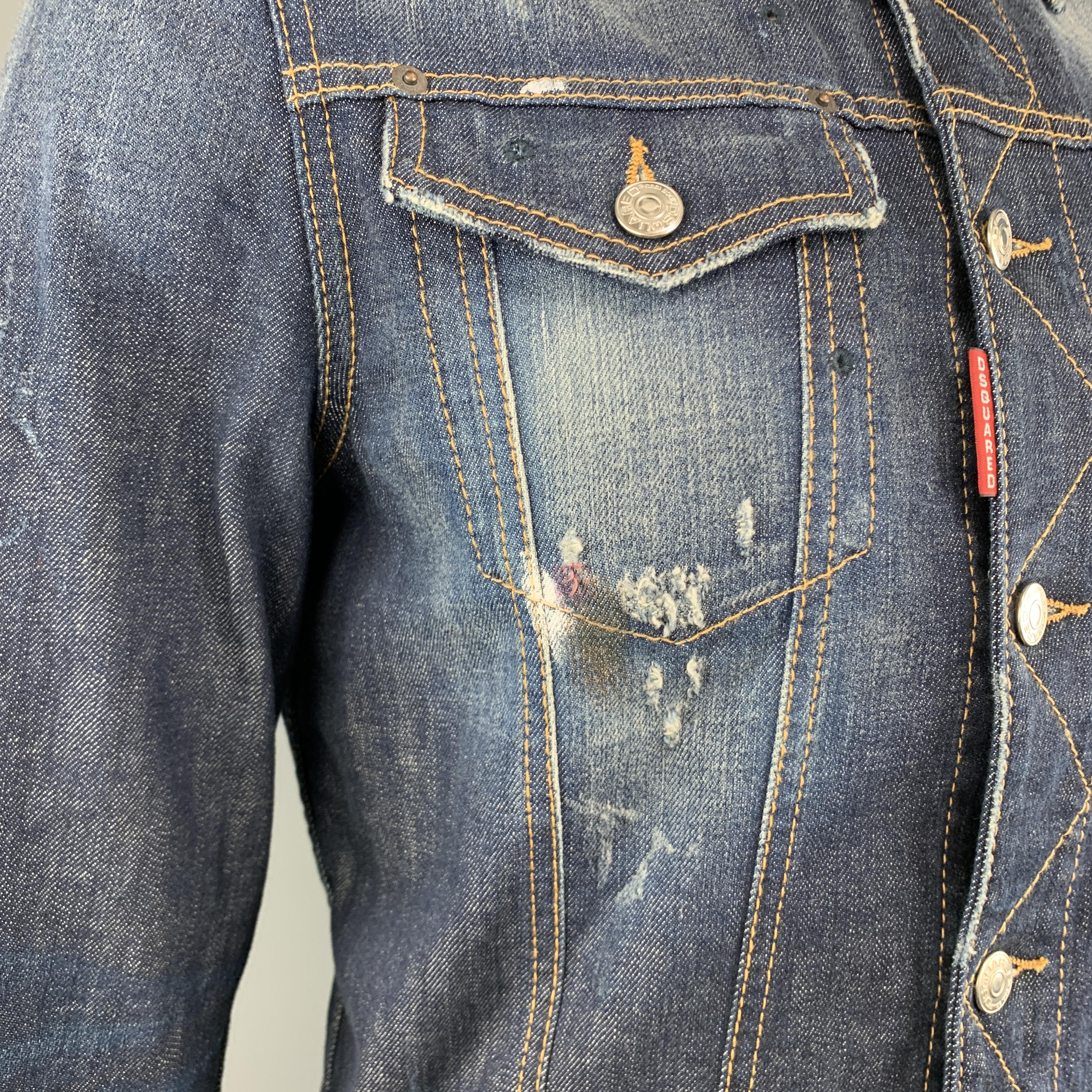 DSQUARED2 L Blue Washed Distressed Paint Splatter Denim Trucker Jacket In Excellent Condition In San Francisco, CA