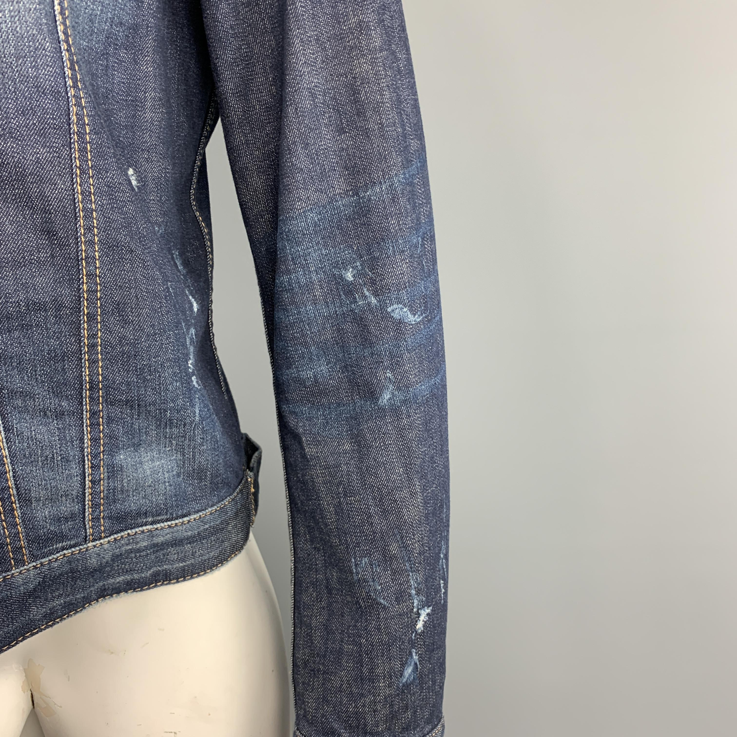 Men's DSQUARED2 L Blue Washed Distressed Paint Splatter Denim Trucker Jacket