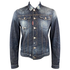 DSQUARED2 L Blue Washed Distressed Paint Splatter Denim Trucker Jacket