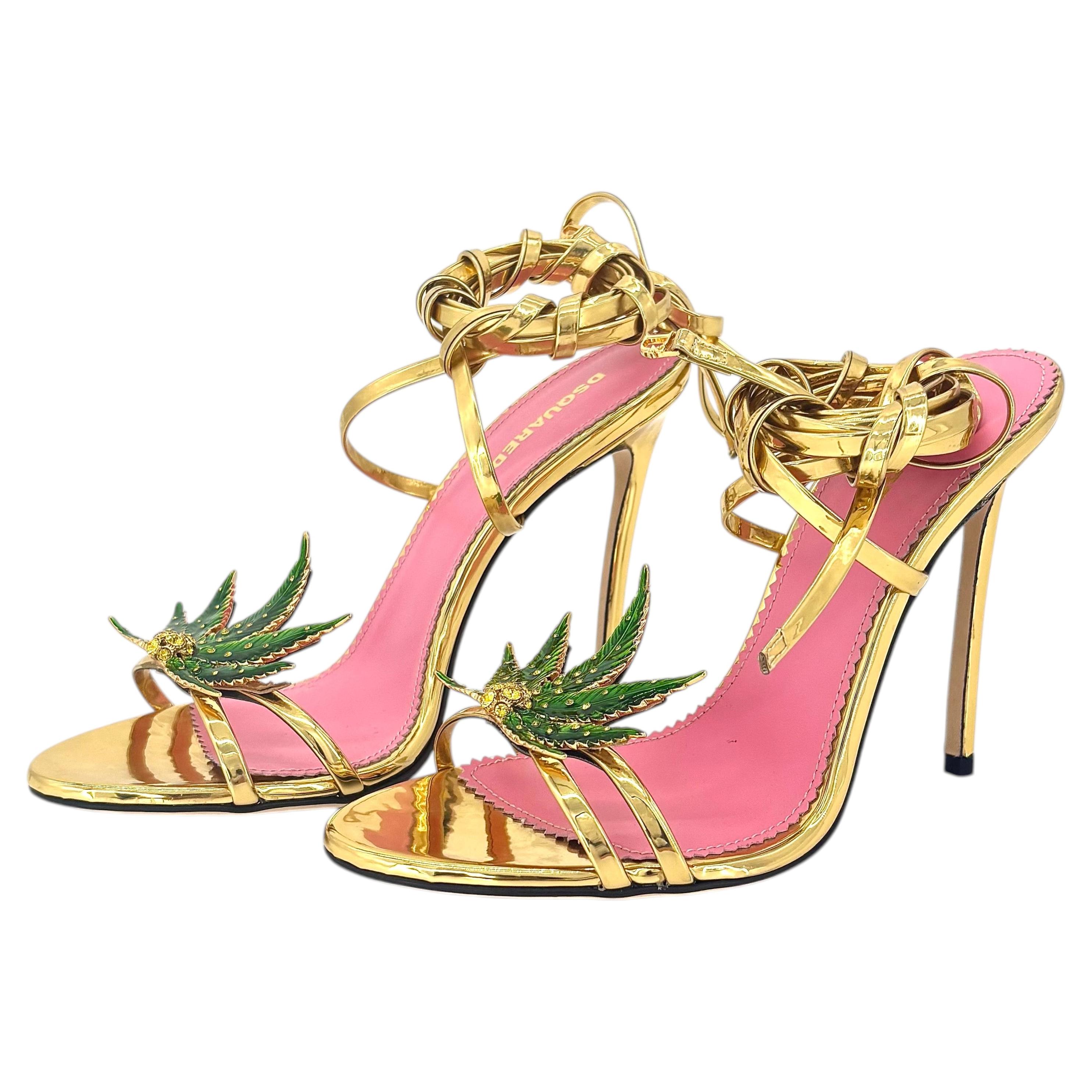 Sandalias Dsquared2 Marija de cuero dorado con espejo y tiras envolventes en el tobillo, modelo «Leaf», talla 37,5