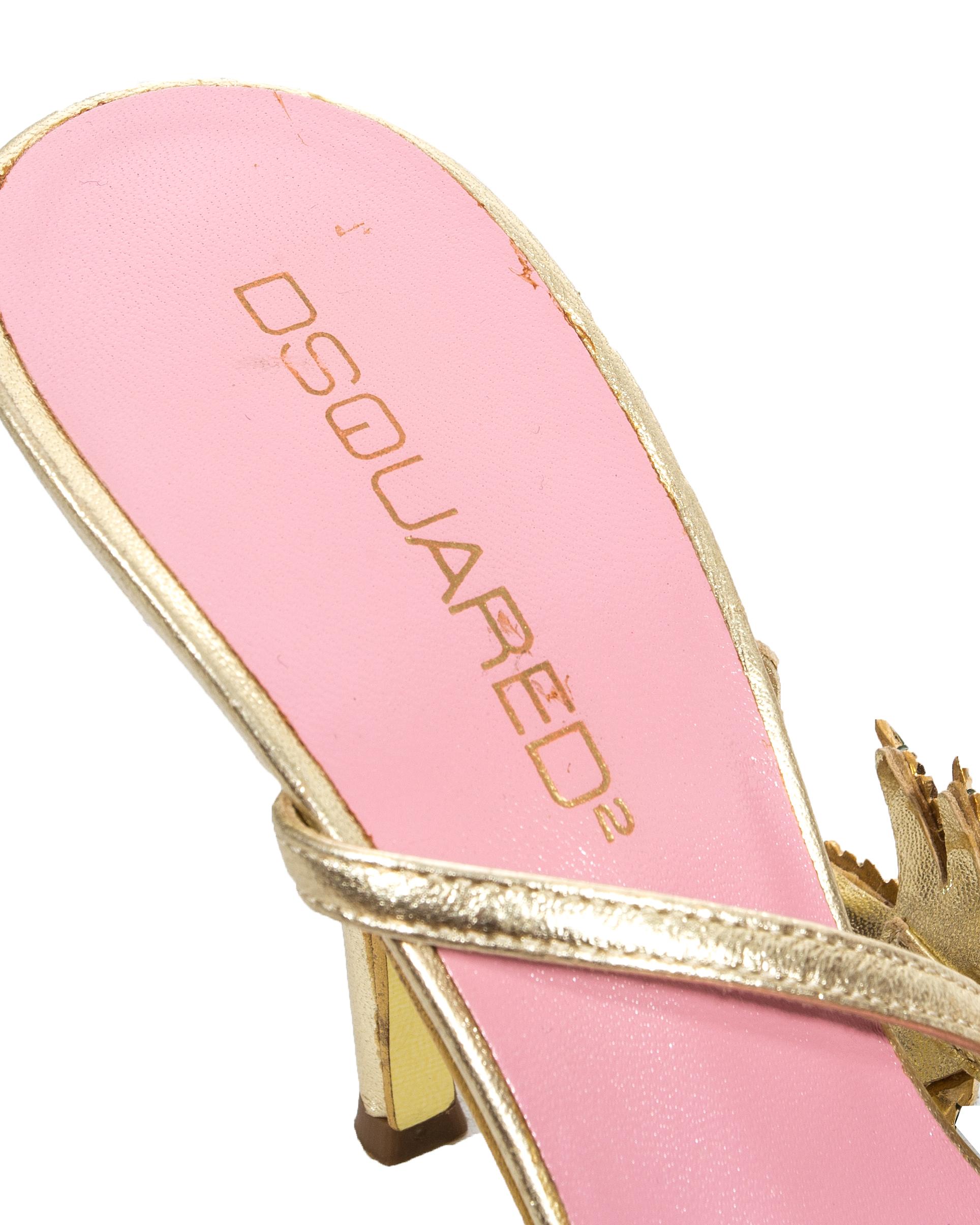 Gold Dsquared2 marijuana leaf gold leather sandals, ss 2005