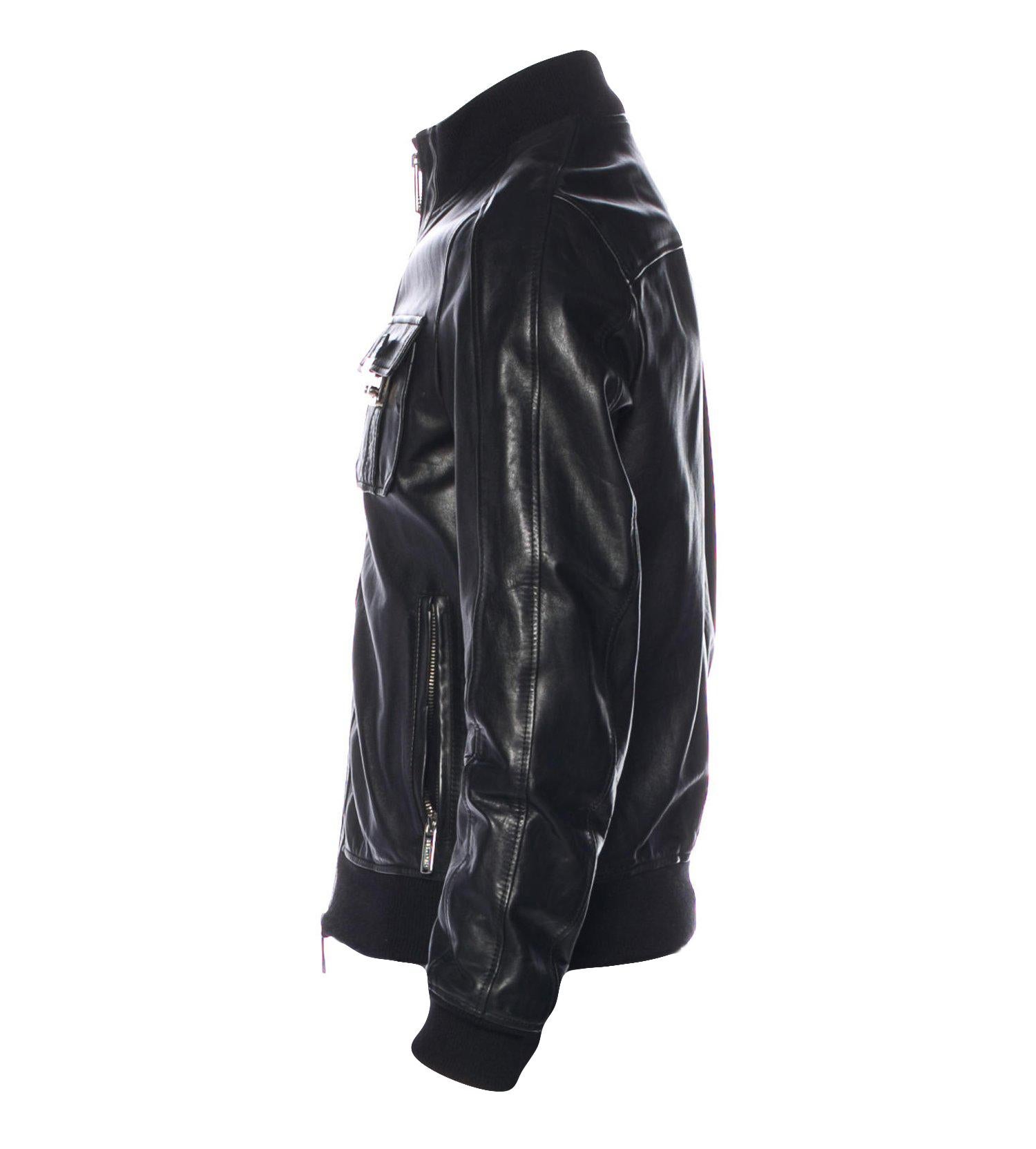 Men's black Dsquared² leather bomber jacket with mock neck, four pockets, woven check lining, single interior pocket and zip closure at front. Includes tag. 

Size: IT48
Chest: 42 inches
Shoulder: 17.5 inches
Length: 26 inches
Sleeve: 33 inches