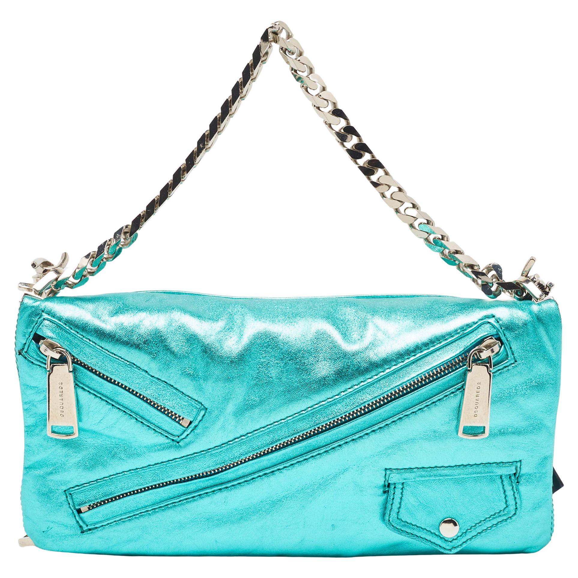 Dsquared2 Metallic Blue Leather Babe Wire Chain Clutch For Sale