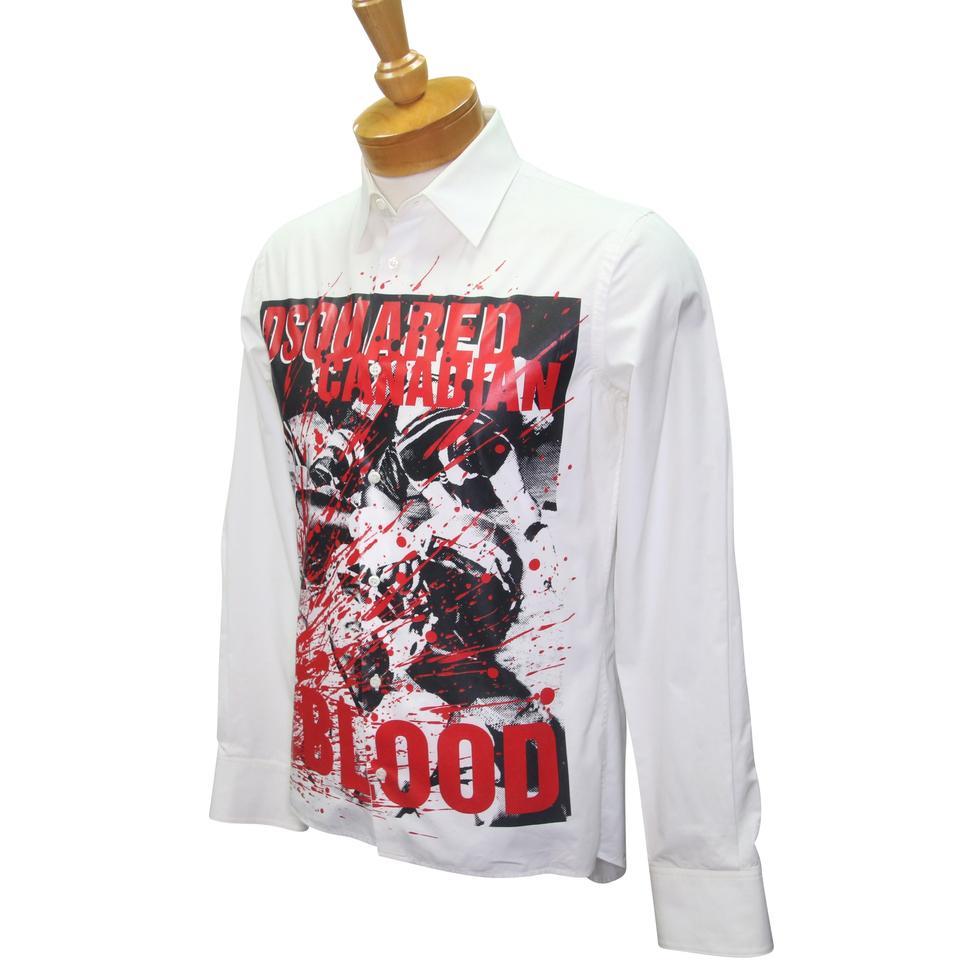 Dsquared2 Multicolor White Classic Fit Canadian Blood Print Button-Down Shirt

White, black, and red Canadian Blood print shirt from Dsquared2 featuring a classic collar, a front button placket, long sleeves, button cuffs and a curved hem. Size