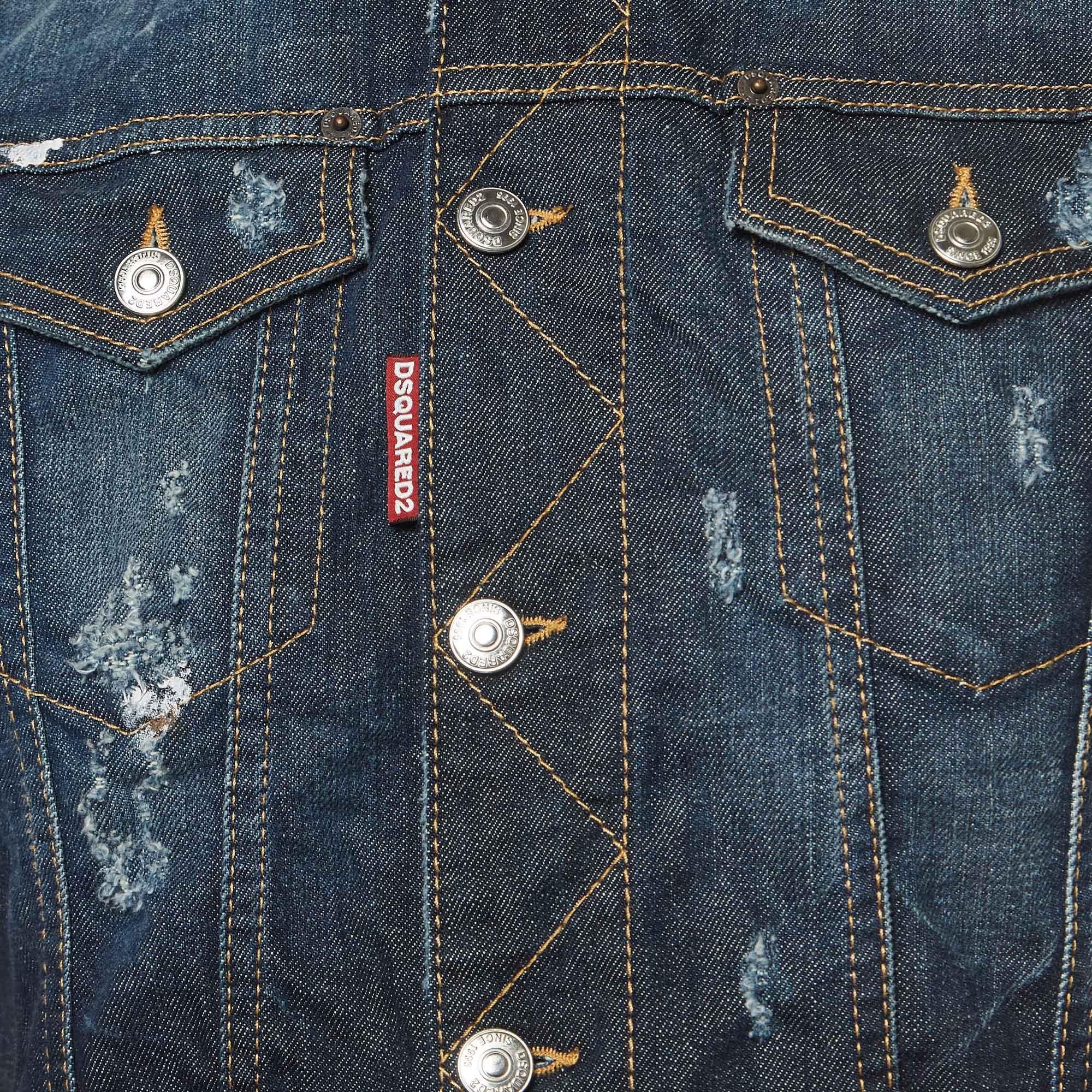 Black Dsquared2 Navy Blue Distressed Denim Vest M For Sale