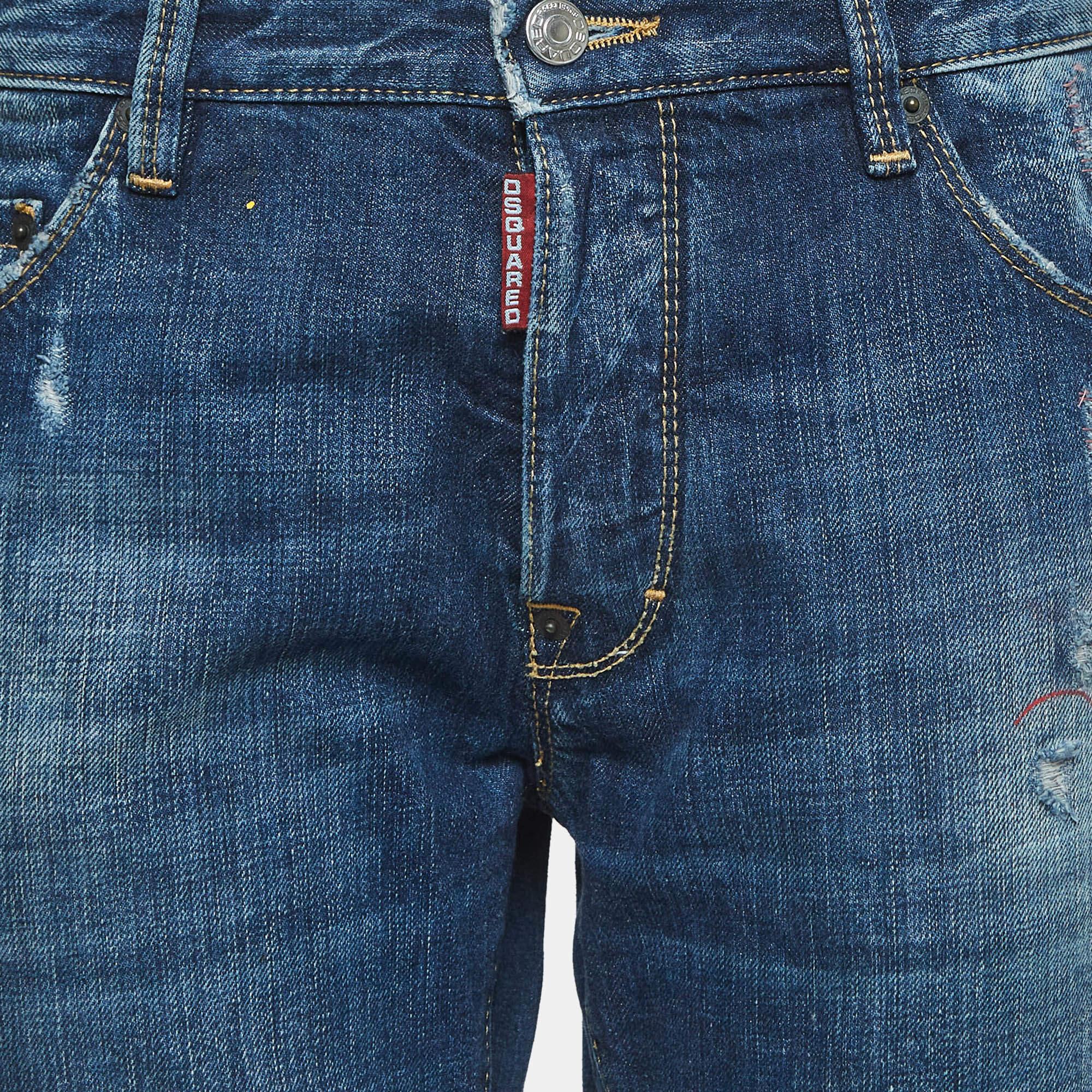 Dsquared2 Marineblaue Farbe Spritzer Distressed Denim Jean L Taille Knopfleiste 34