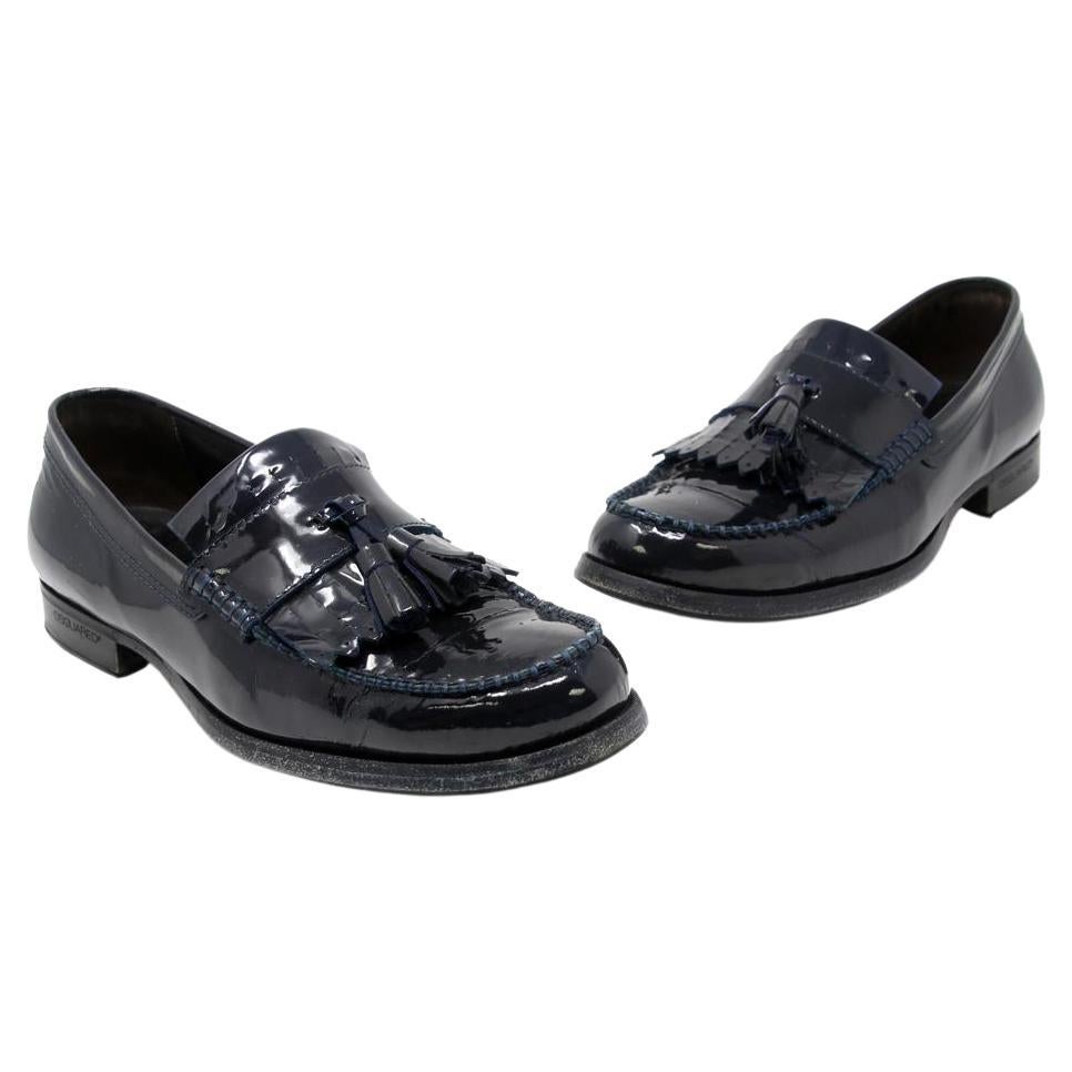 Dsquared2 Navy Blue Patent Leather Stitch Tassel Mens Penny Loafers Formal Shoes