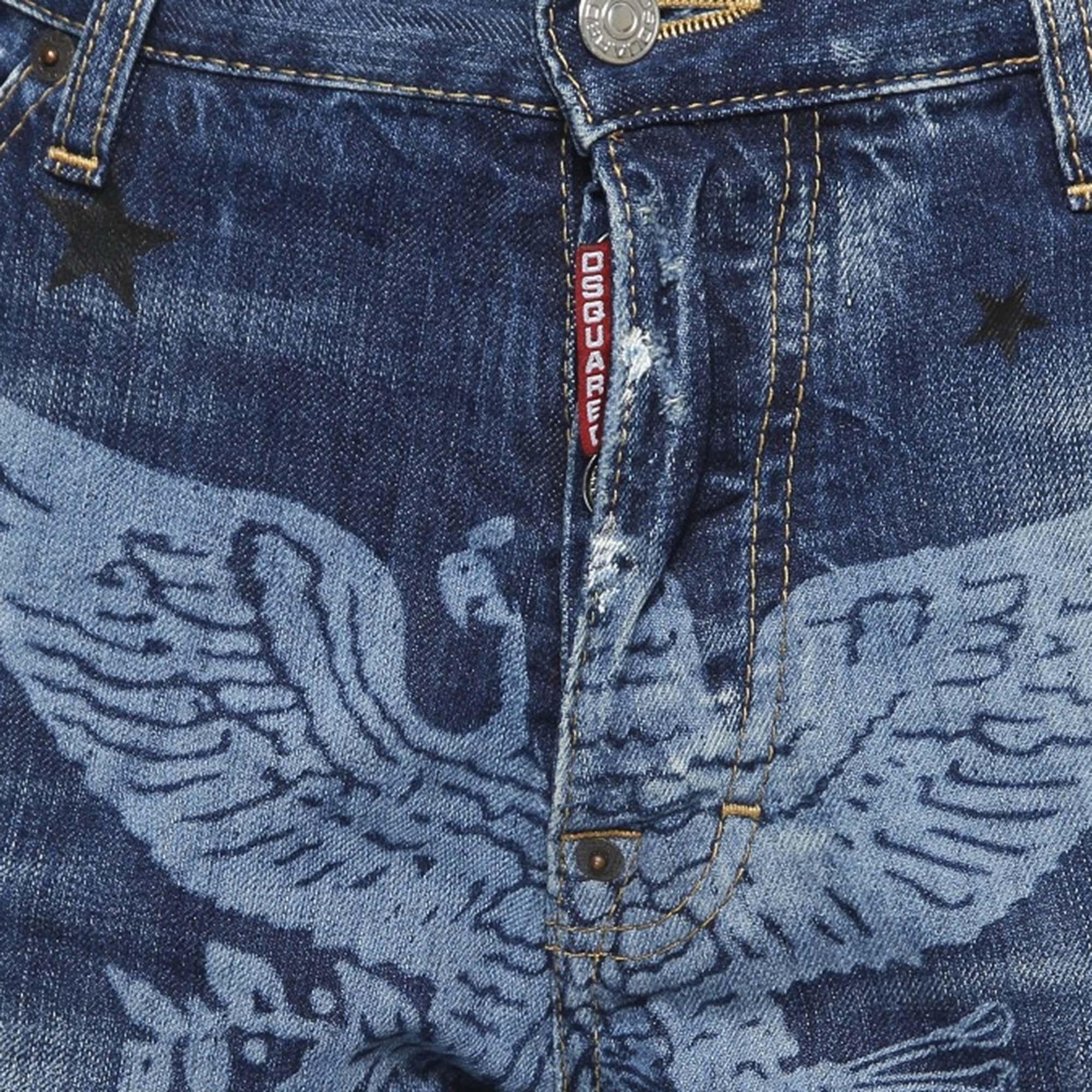 Dsquared2 Navy Blue Printed Distressed Denim Jeans L Waist 36