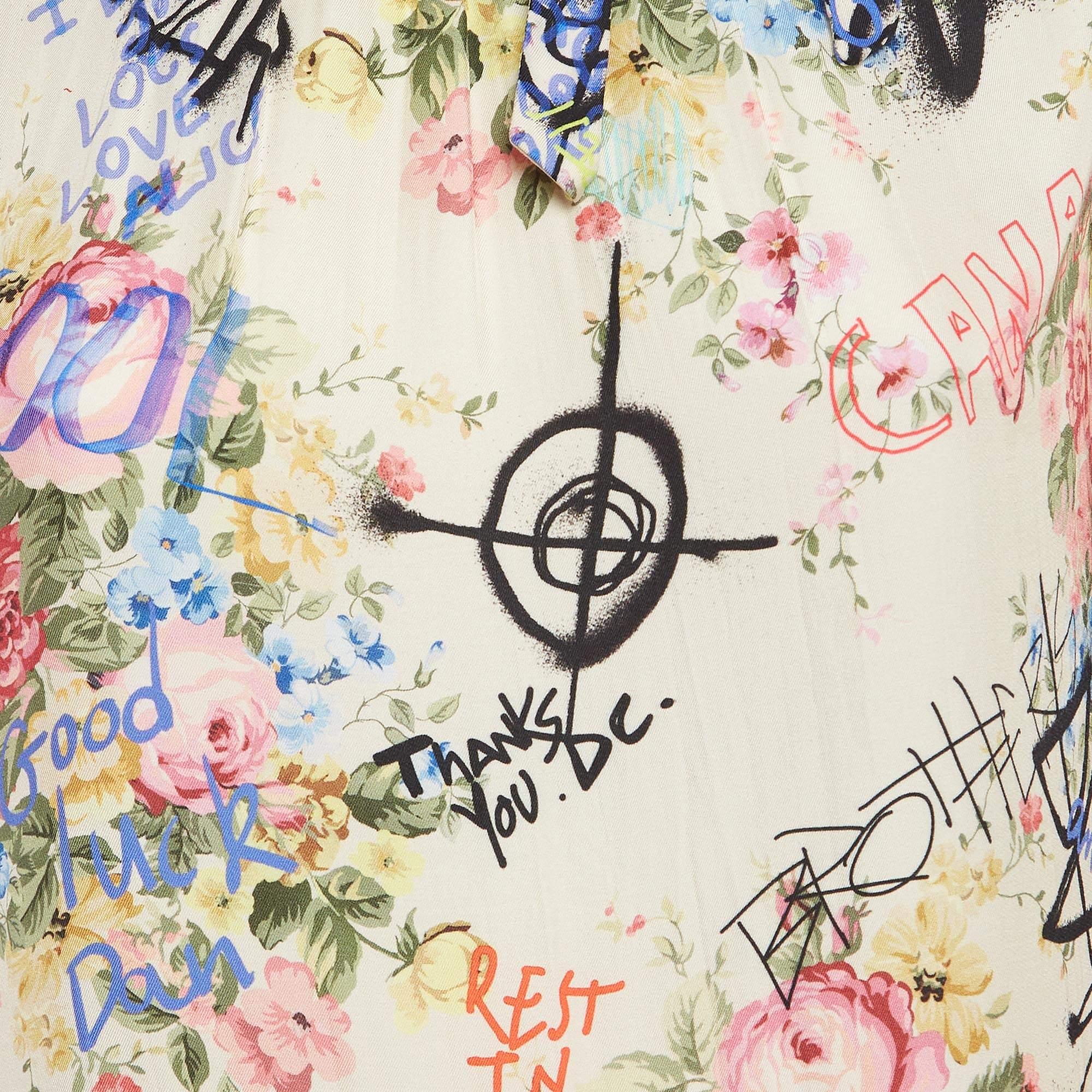 Beige Dsquared2 Off-White Graffiti and Floral Print Tie-Up Detail Top M For Sale