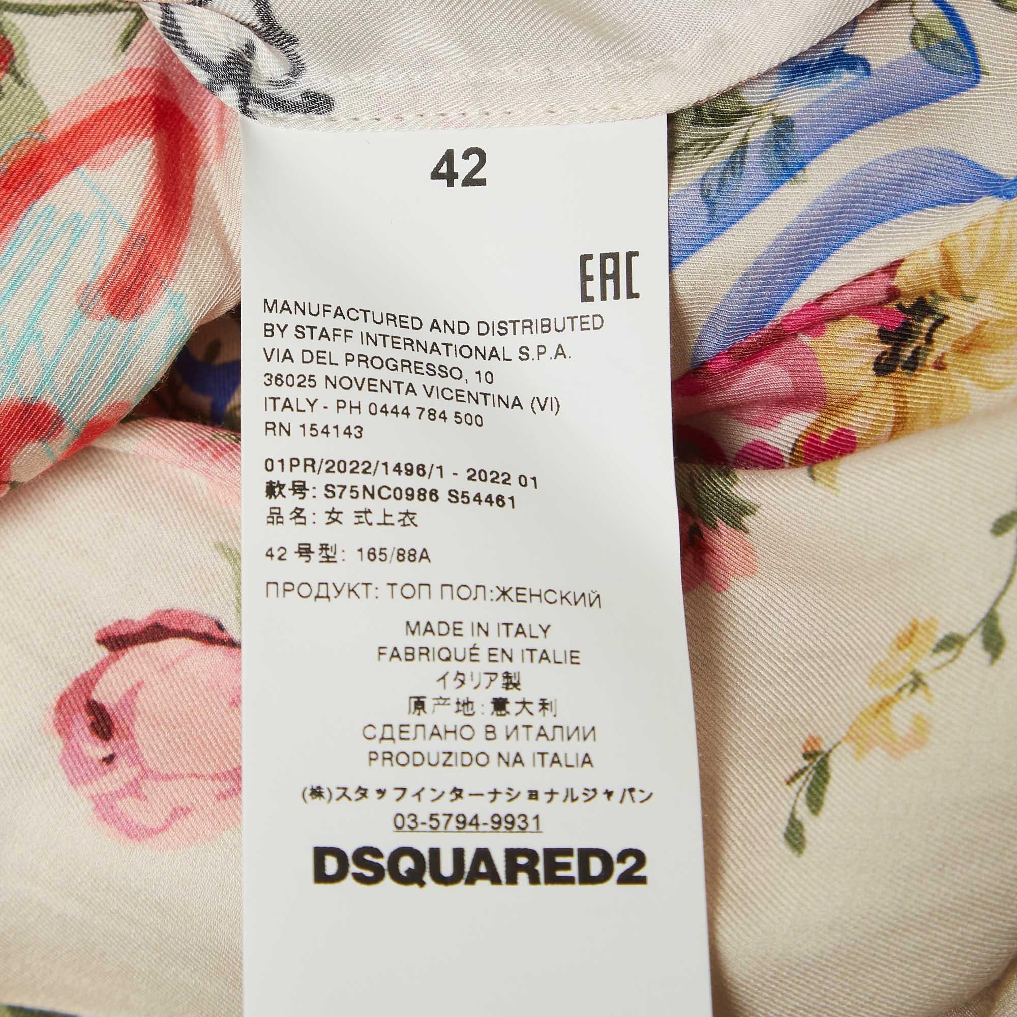 Dsquared2 Off-White Graffiti and Floral Print Tie-Up Detail Top M For Sale 2