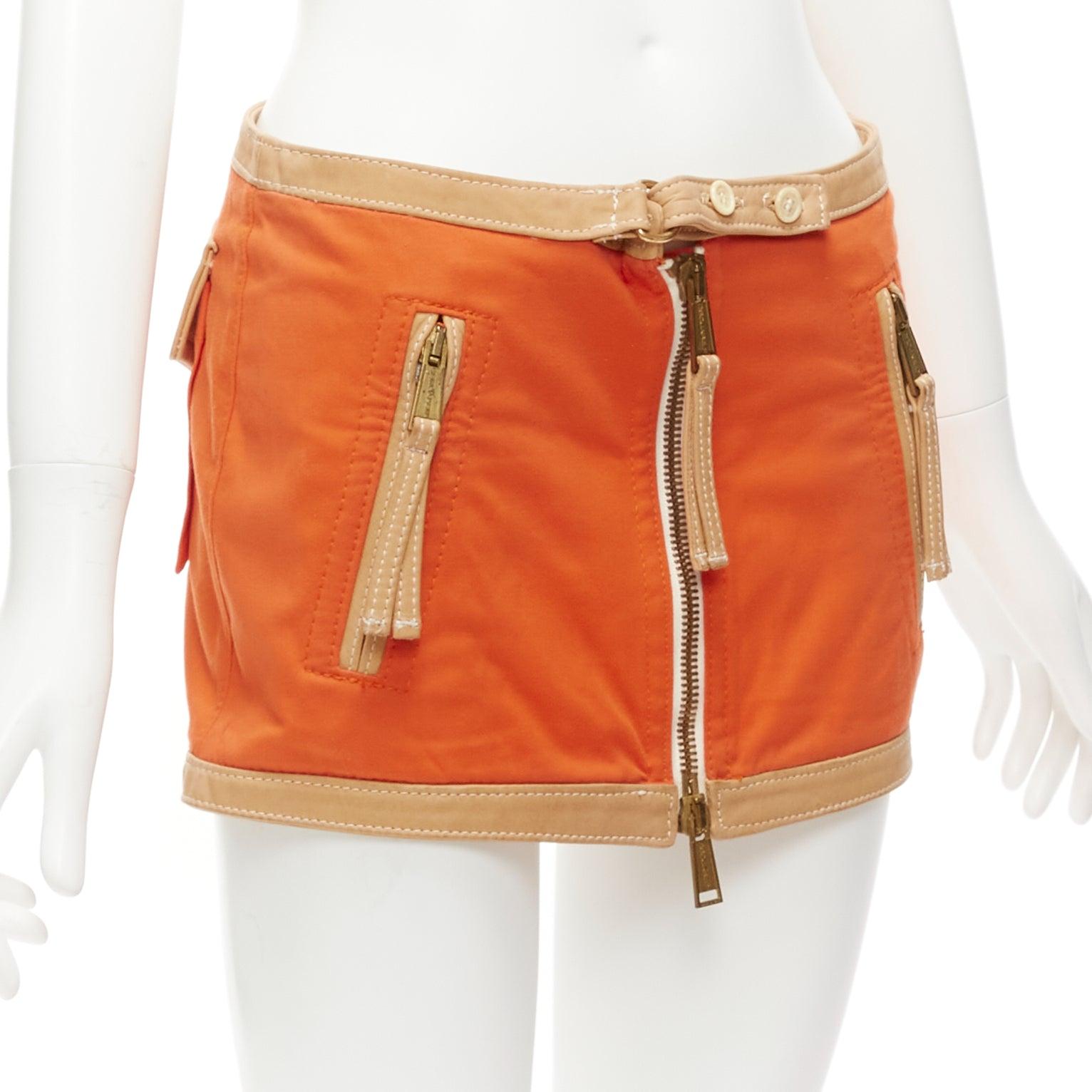 DSQUARED2 orange beige canvas leather zip front pocket mini skirt IT38 XS In Good Condition For Sale In Hong Kong, NT