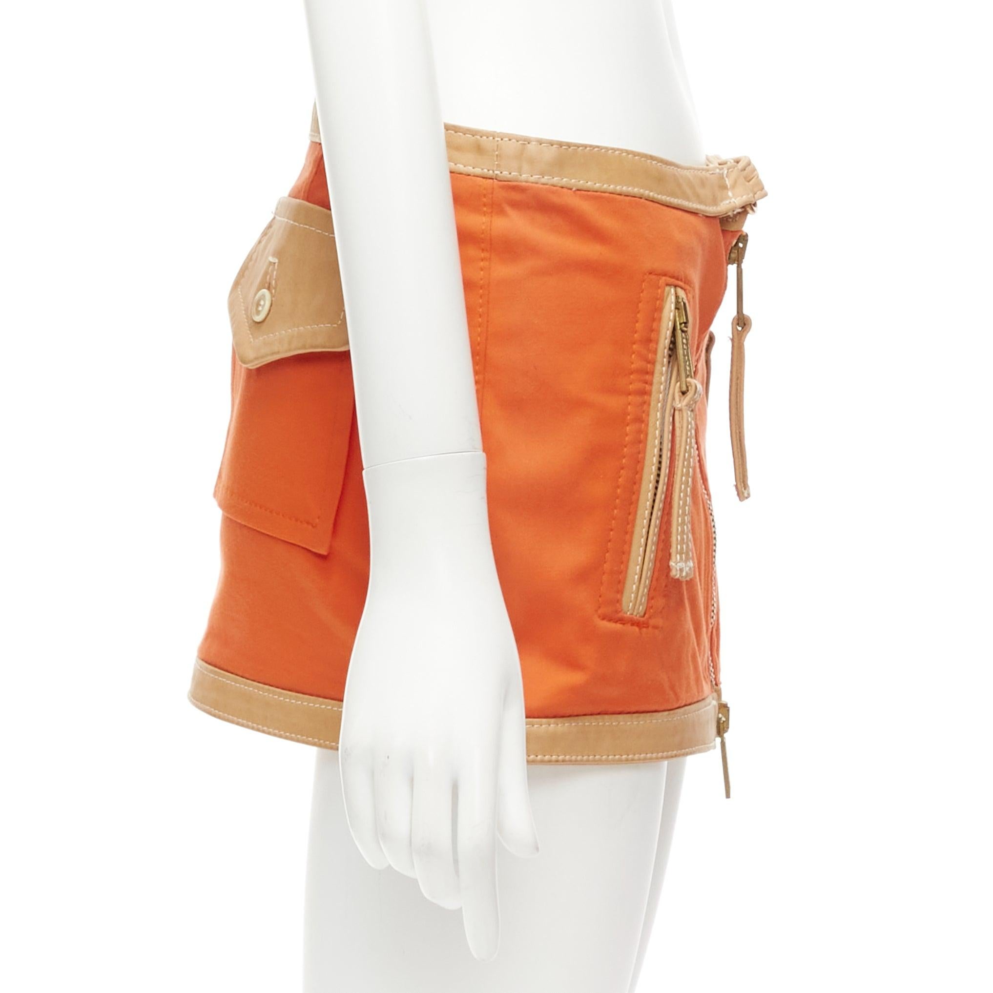Women's DSQUARED2 orange beige canvas leather zip front pocket mini skirt IT38 XS For Sale