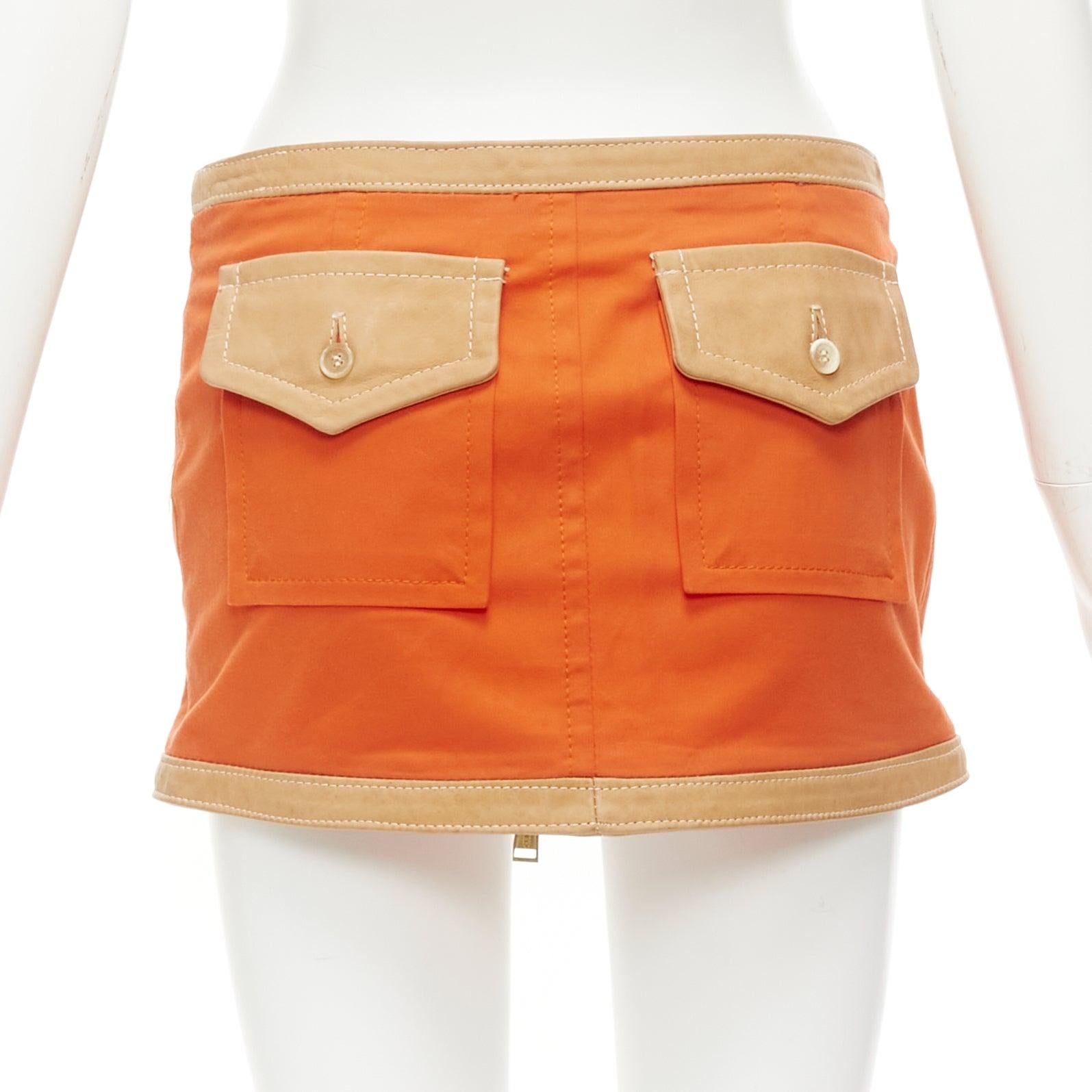 DSQUARED2 orange beige canvas leather zip front pocket mini skirt IT38 XS For Sale 1