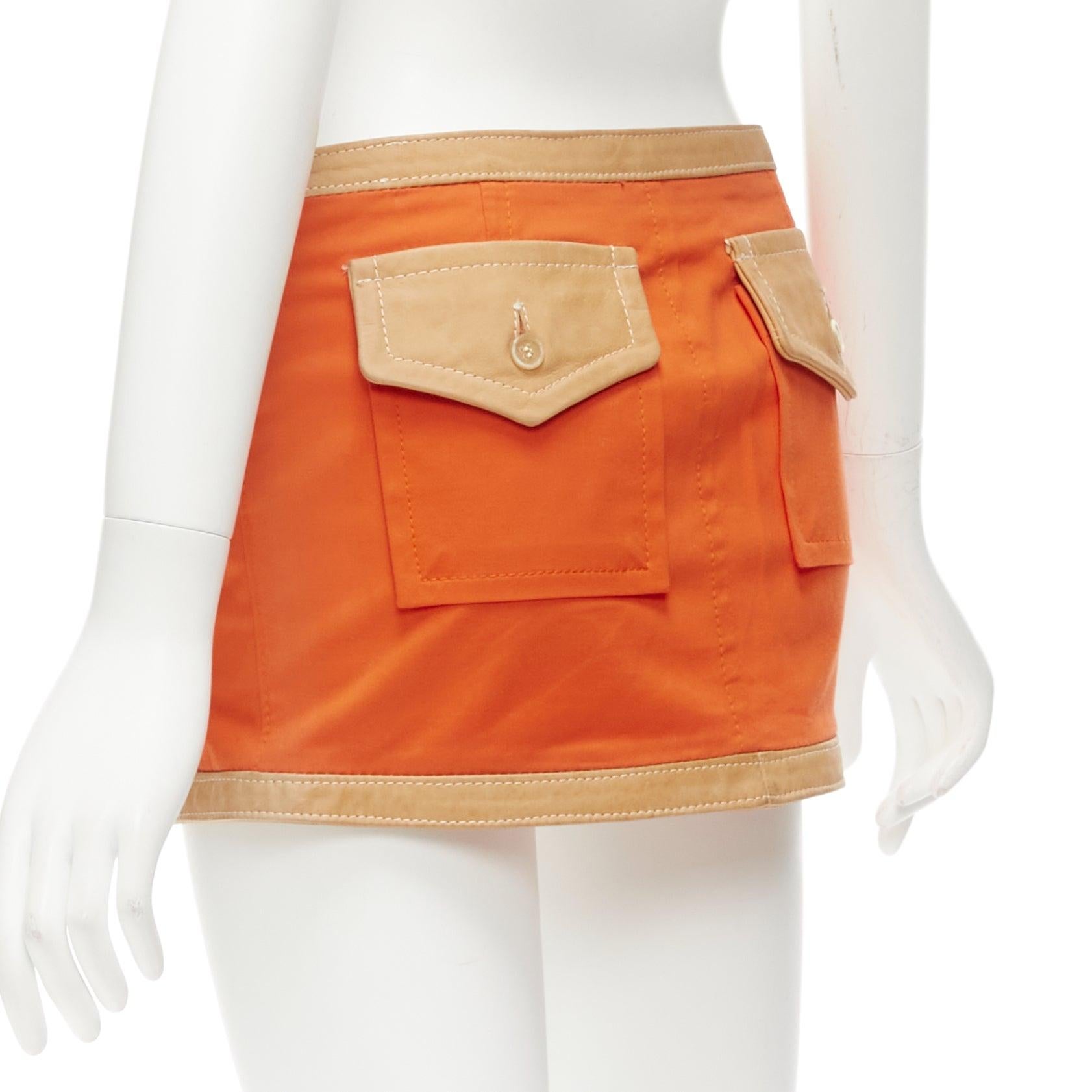 DSQUARED2 orange beige canvas leather zip front pocket mini skirt IT38 XS For Sale 2