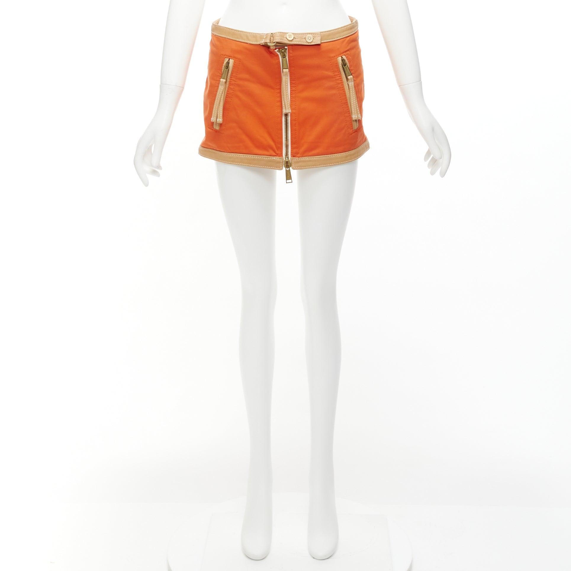 DSQUARED2 orange beige canvas leather zip front pocket mini skirt IT38 XS For Sale 5