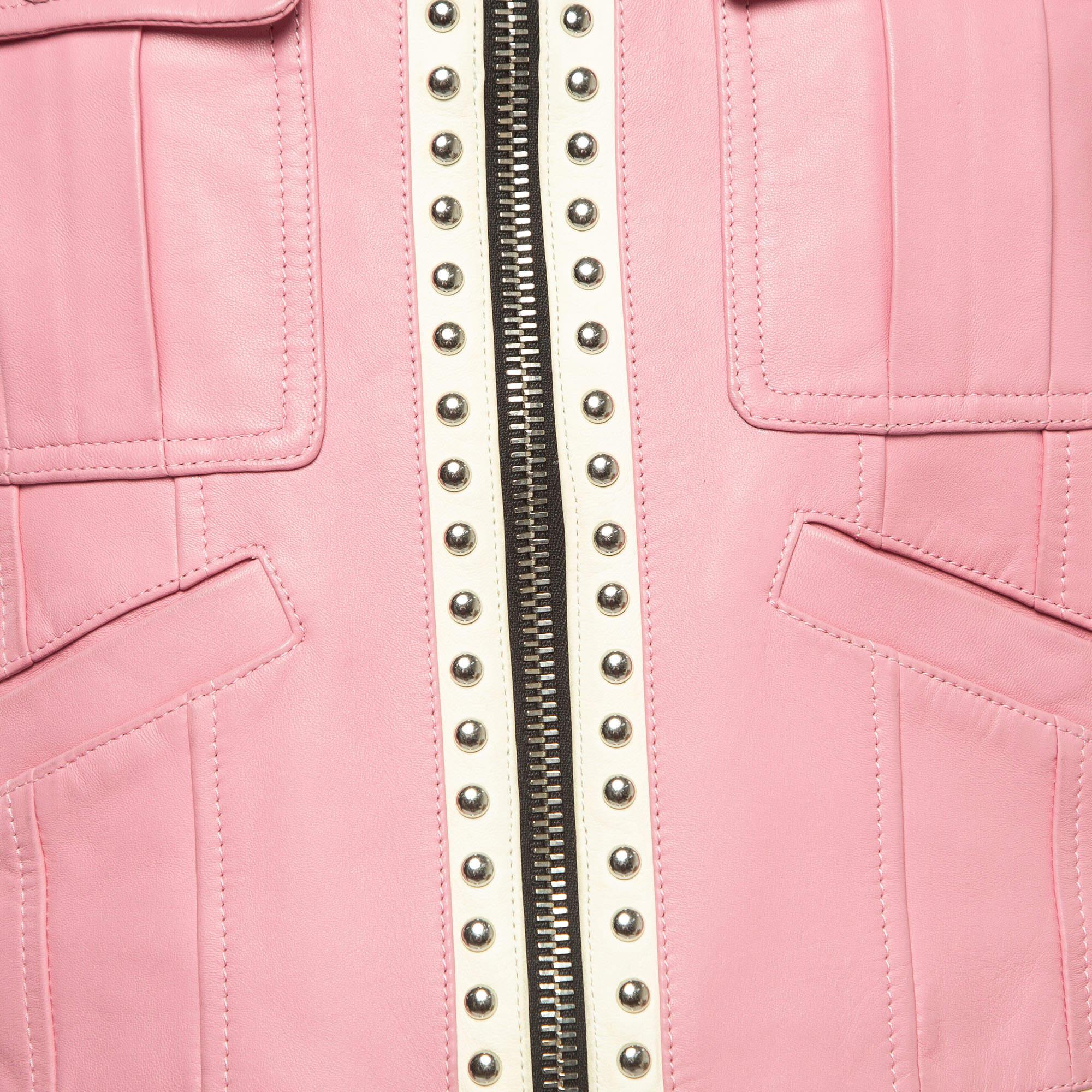 Dsquared2 Pink Colorblocked Leather Studded Jacket M In Excellent Condition For Sale In Dubai, Al Qouz 2
