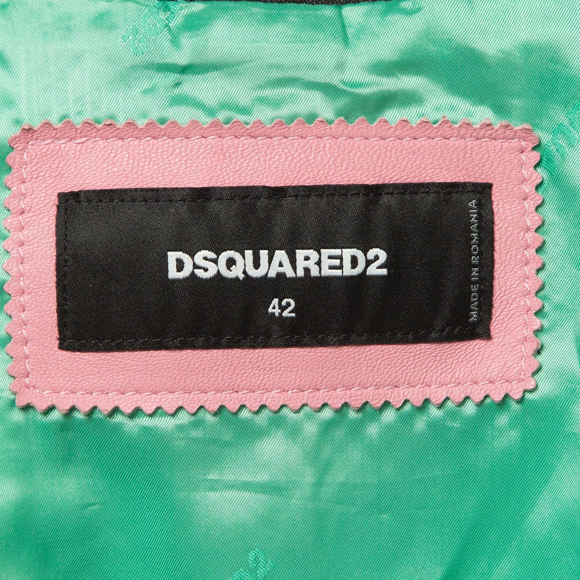 Dsquared2 Pink Colorblocked Leather Studded Jacket M For Sale 1