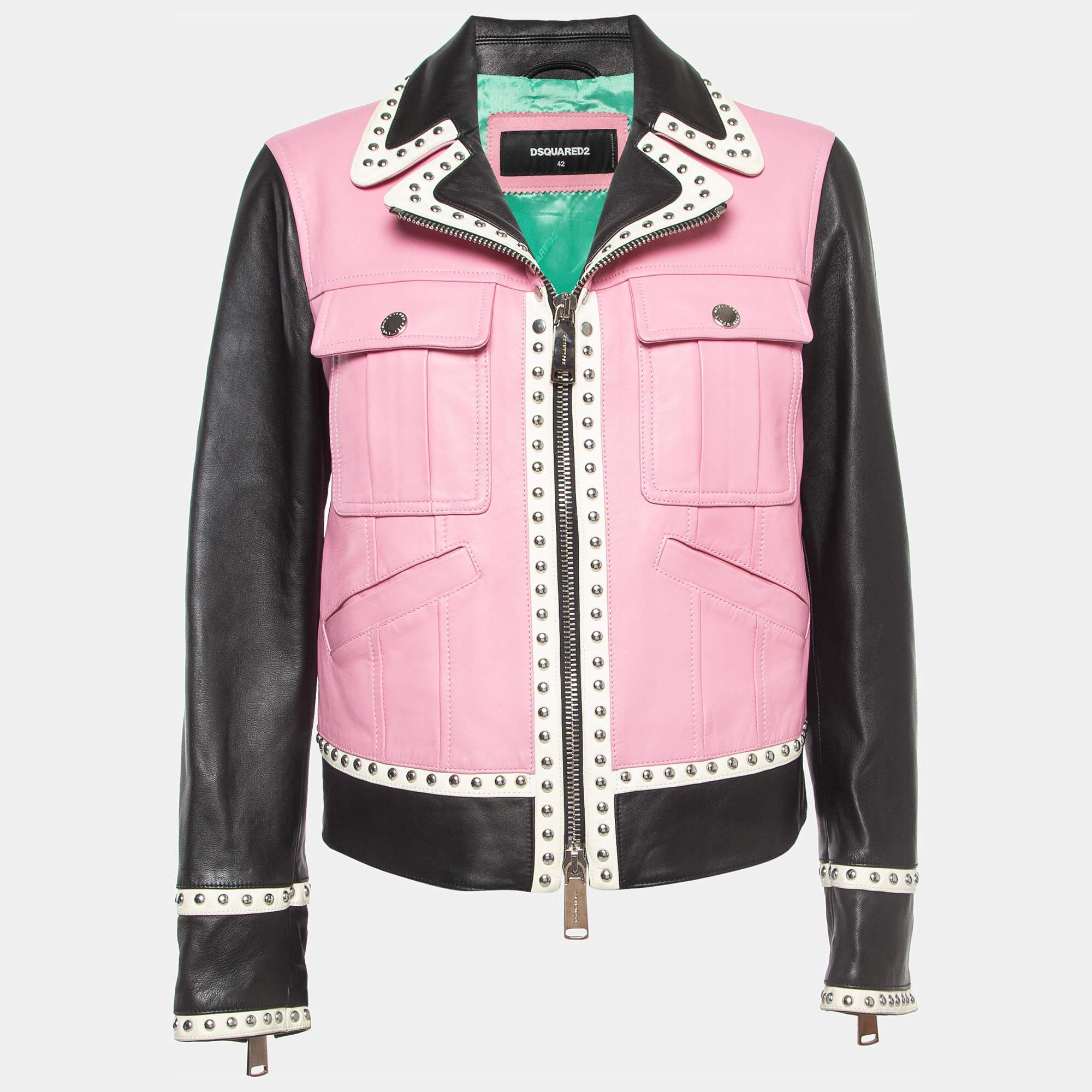 Dsquared2 Pink Colorblocked Leather Studded Jacket M For Sale 2