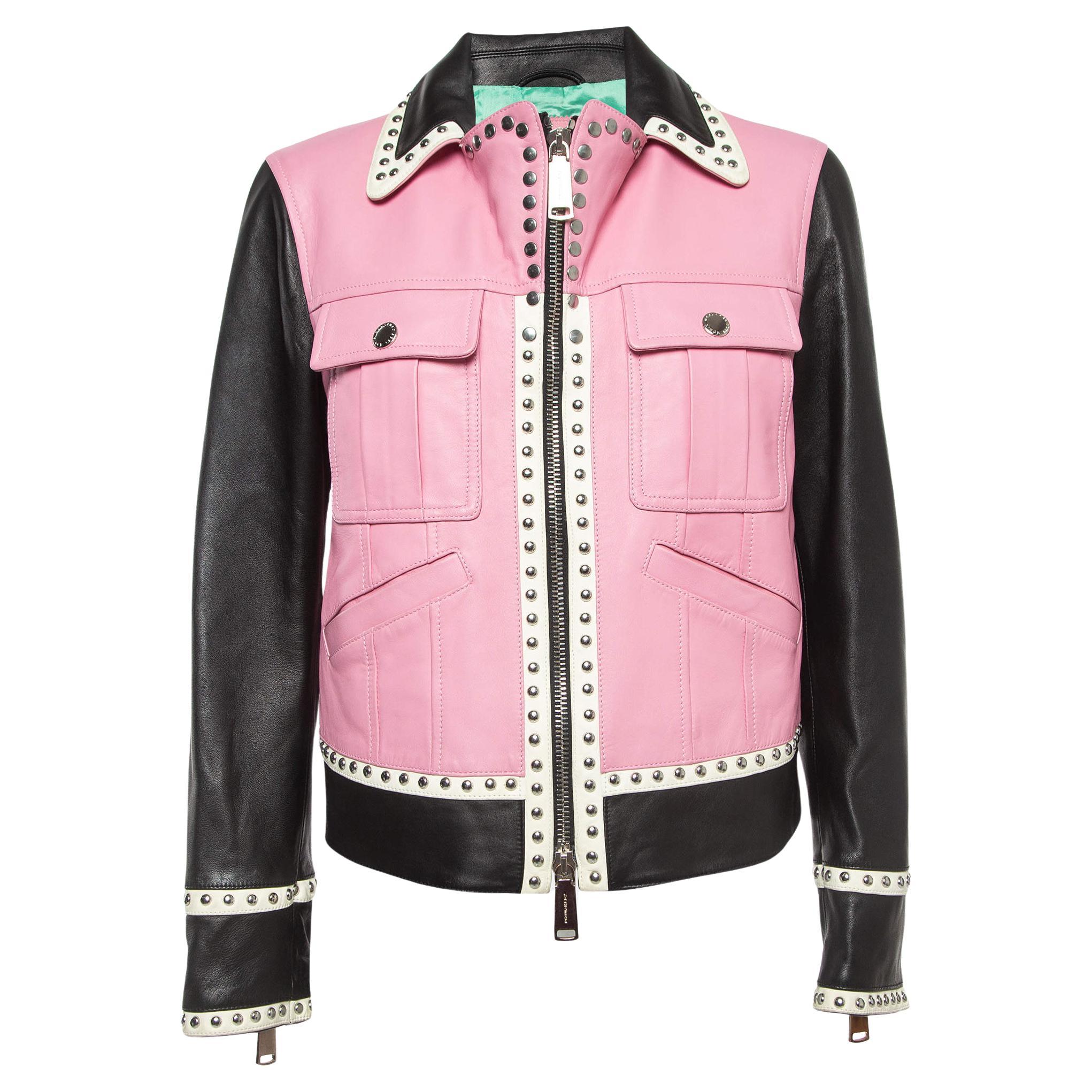 Dsquared2 Pink Colorblocked Leather Studded Jacket M For Sale