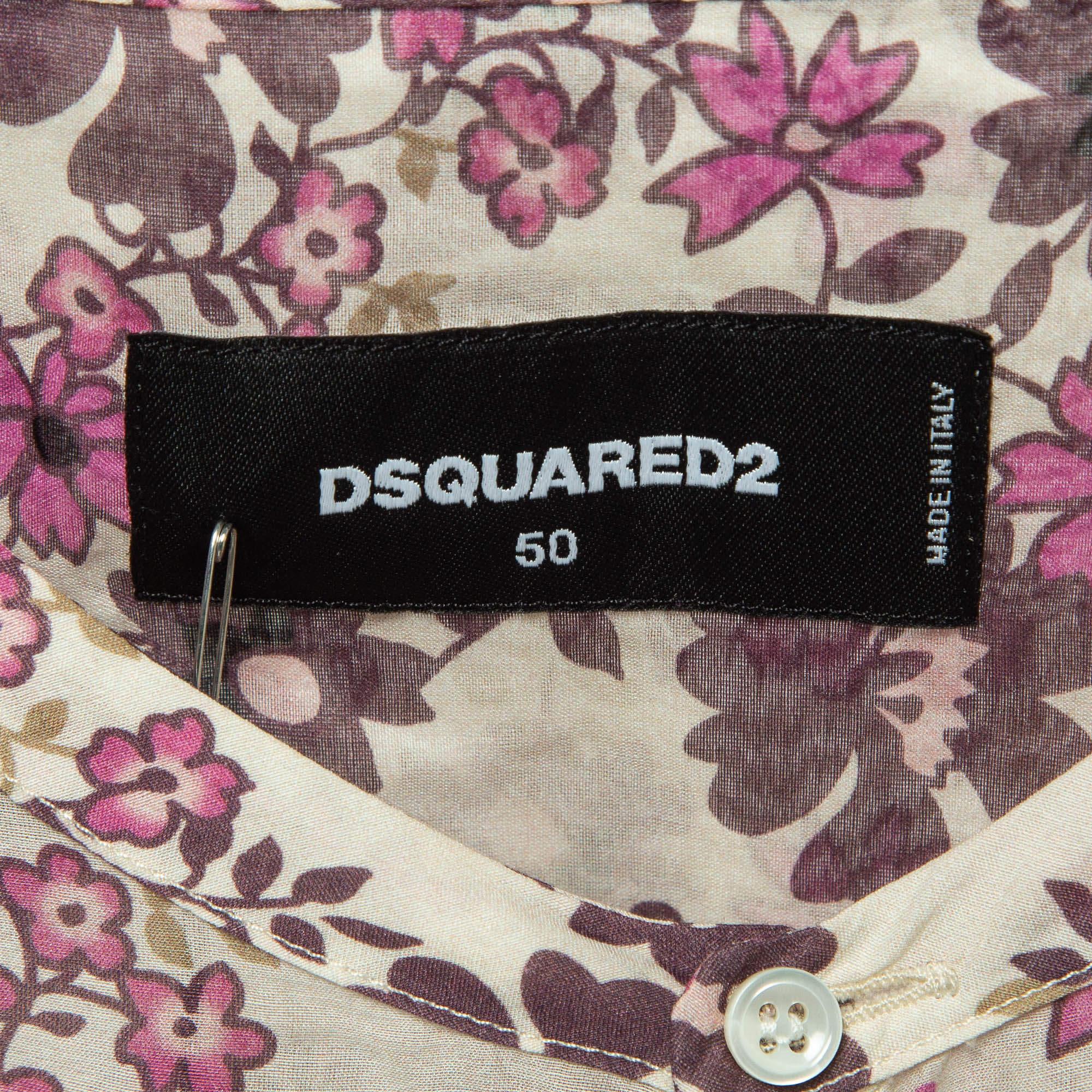 Dsquared2 Pink/Cream Floral Print Cotton Blend Shirt XL In Excellent Condition For Sale In Dubai, Al Qouz 2
