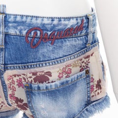 DSQUARED2 pink floral patch blue denim logo cut off mini shorts IT38 XS