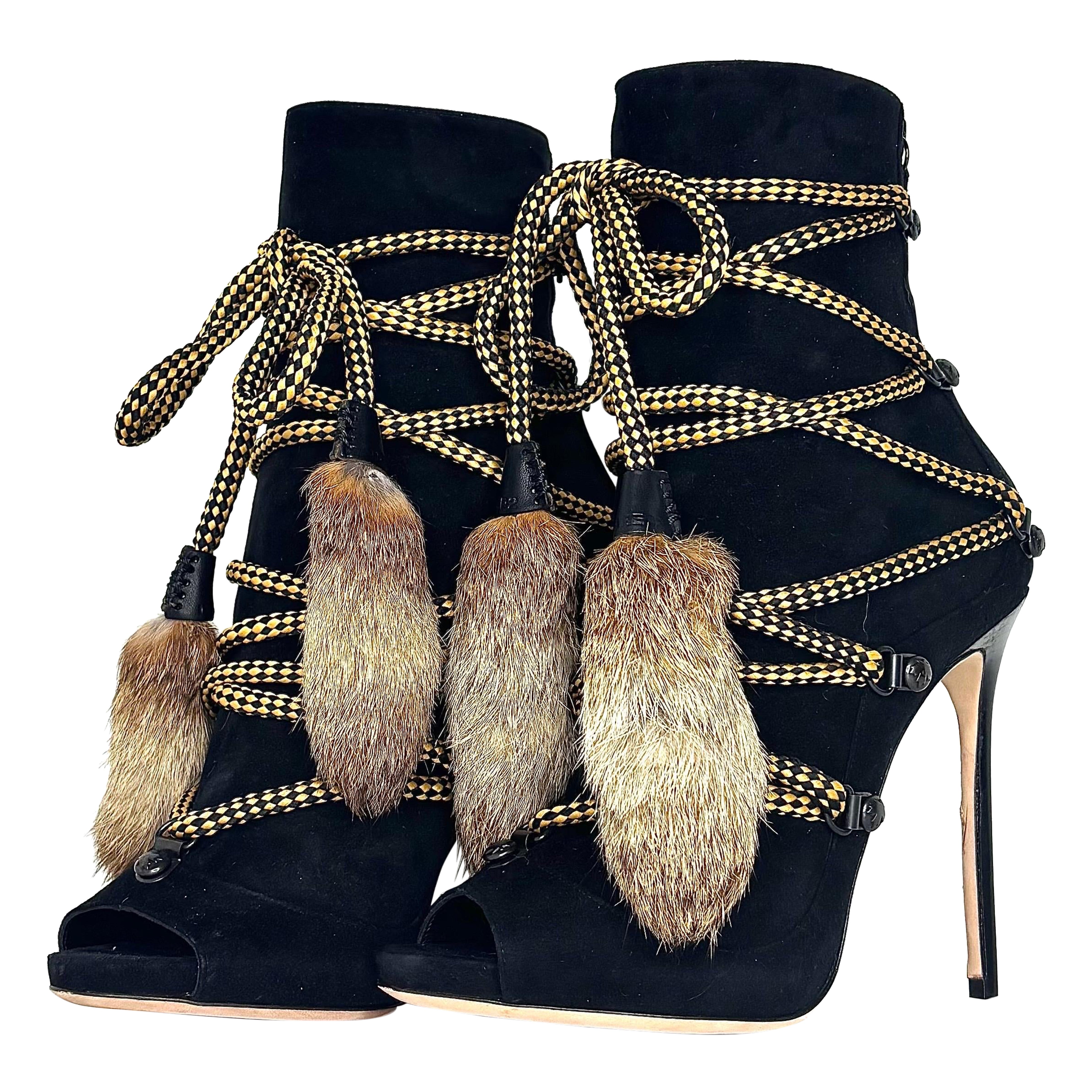 Dsquared2 Rabbit Fur Peep Toe High Heel Boots 37 in vendita