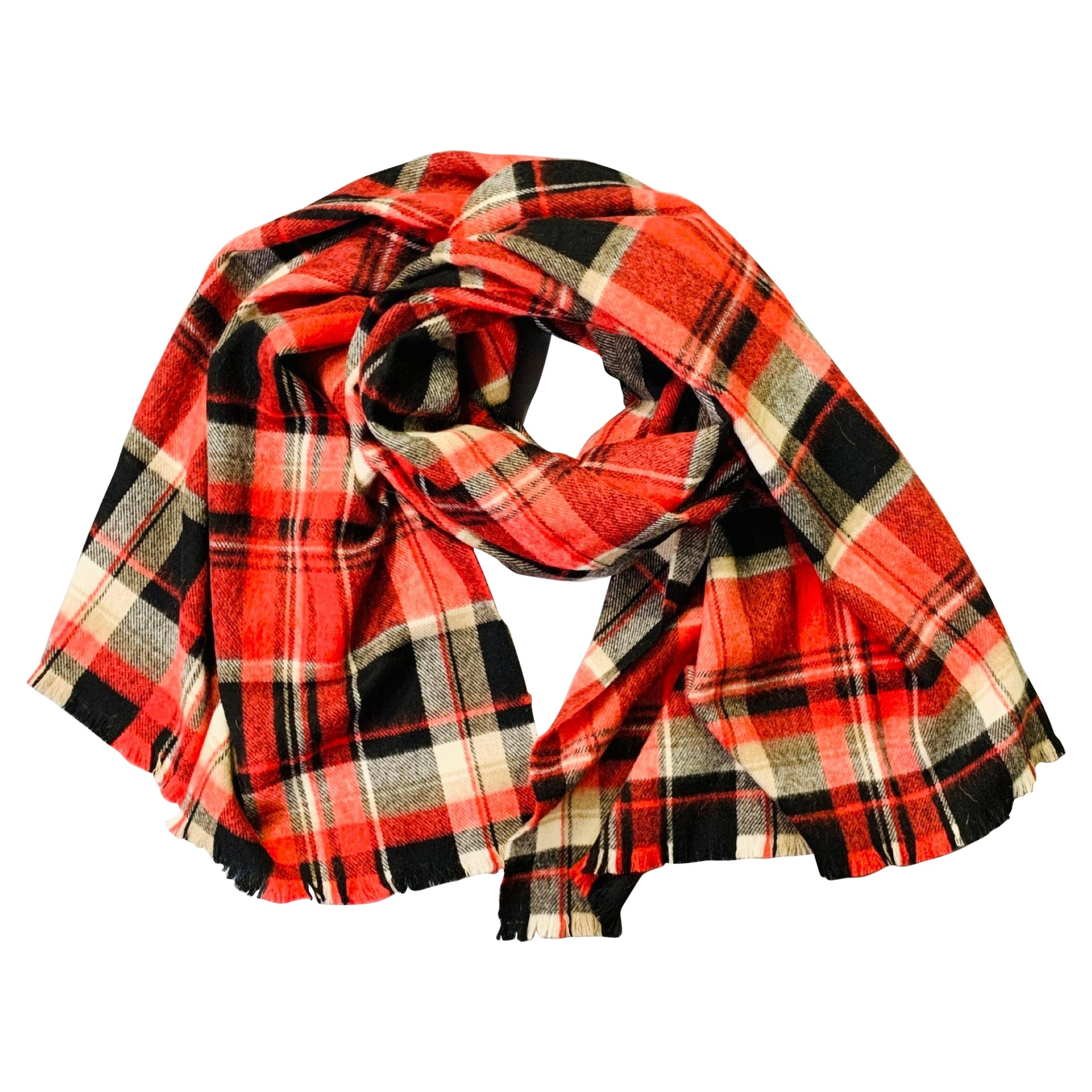 DSQUARED2 Red Black White Plaid Wool Blend Fringe Scarf