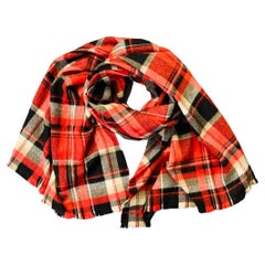 DSQUARED2 Red Black White Plaid Wool Blend Fringe Scarf
