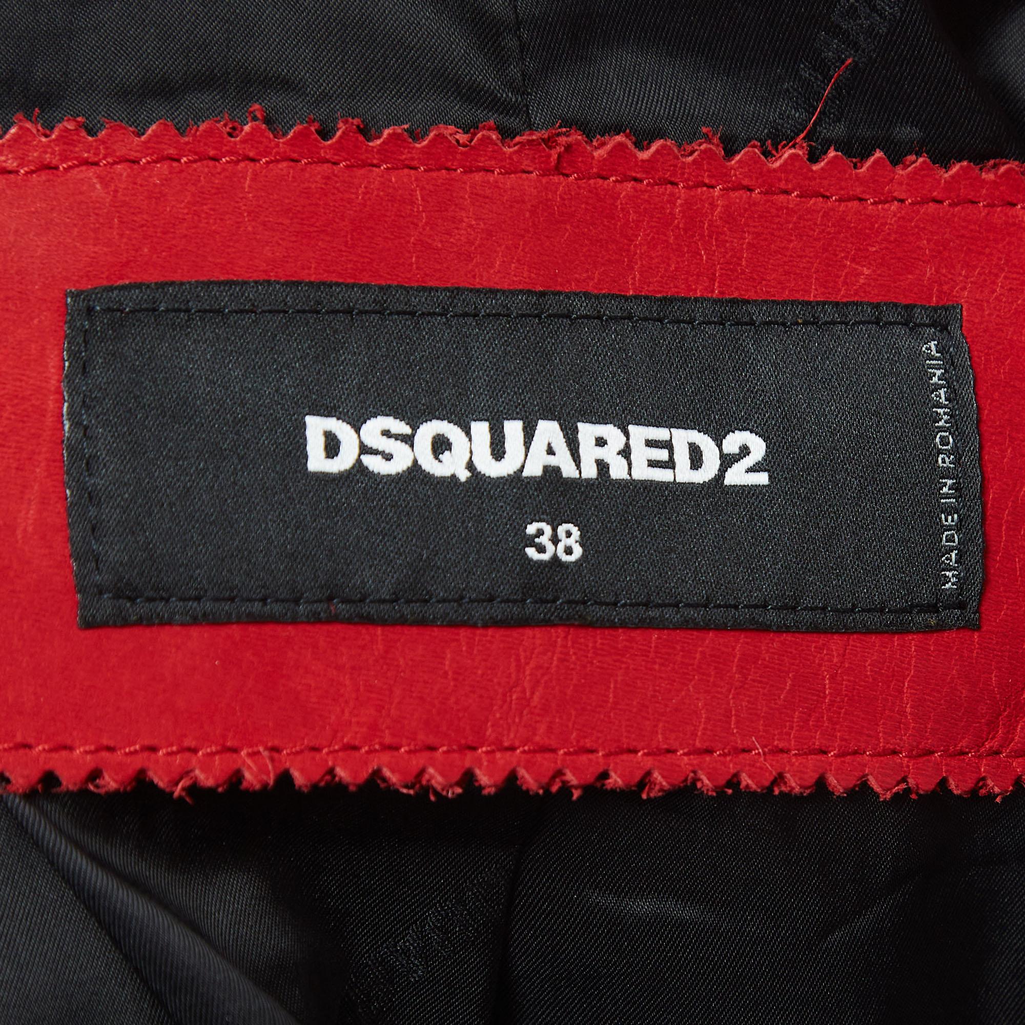 Women's Dsquared2 Red Leather Zip-Up Biker Jacket S For Sale